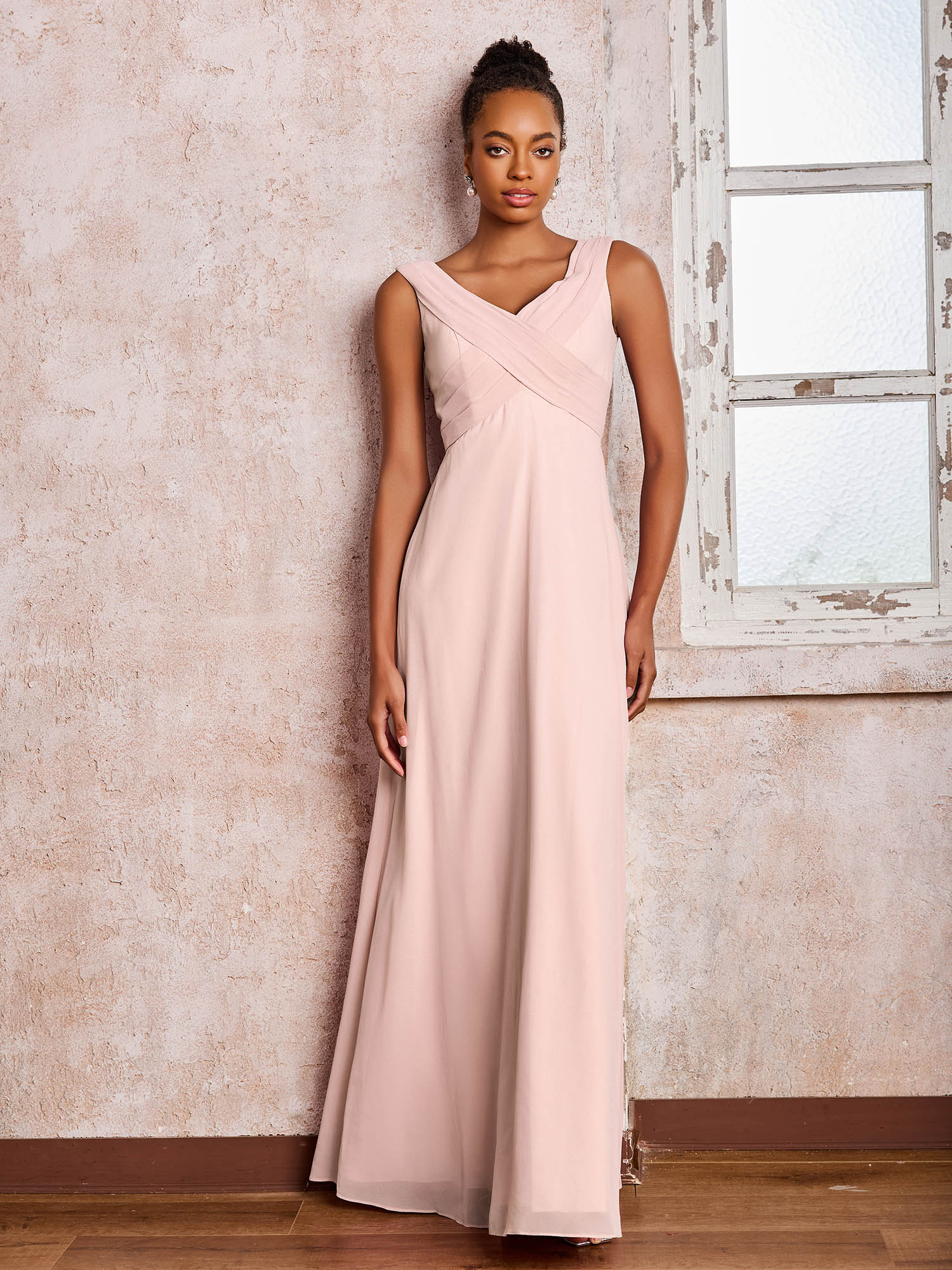 V-neck Pleated Sleeveless A-line Chiffon Dresses Dusty Rose - Image 6