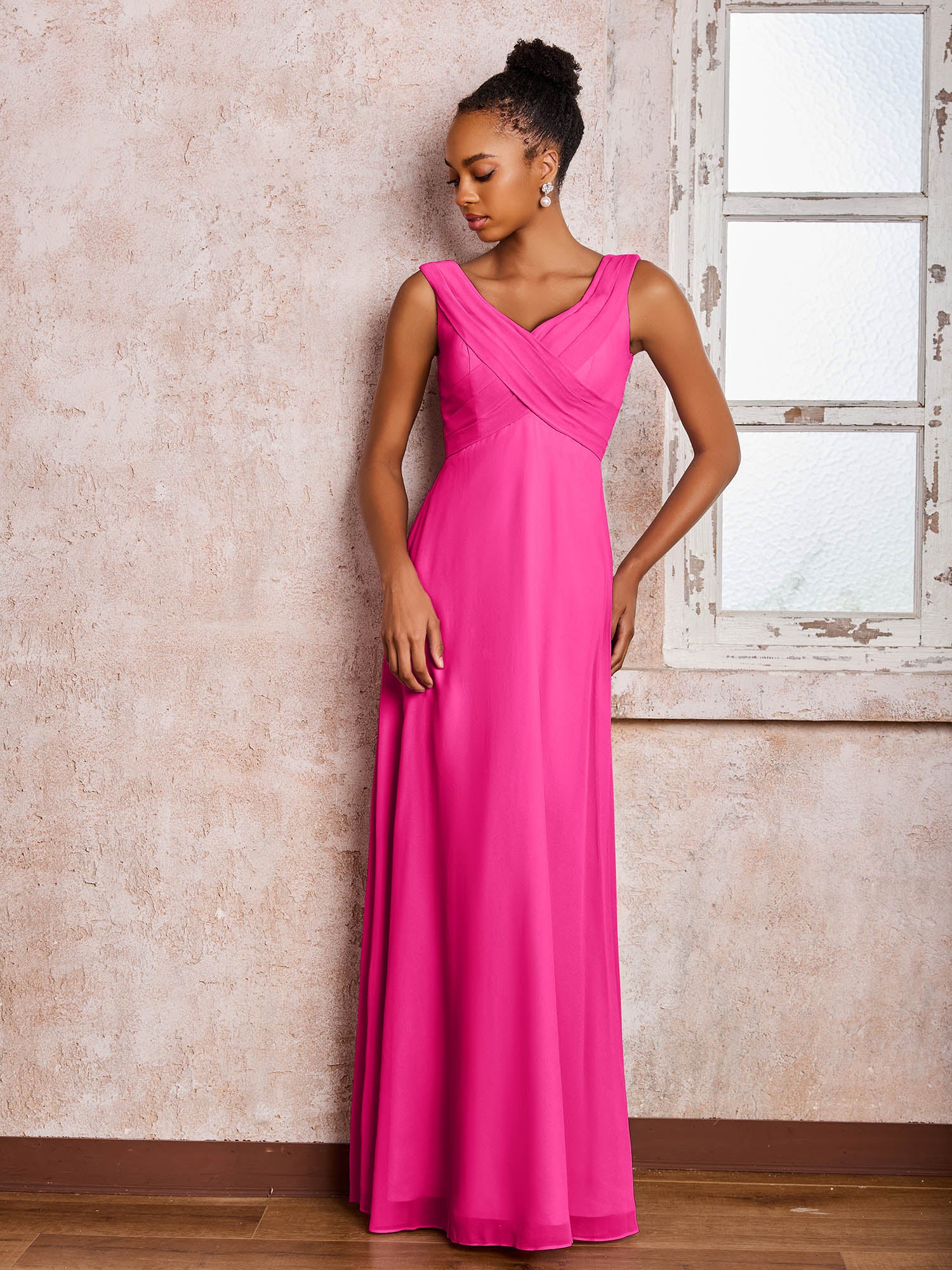 V-neck Pleated Sleeveless A-line Chiffon Dresses Fuchsia - Image 3