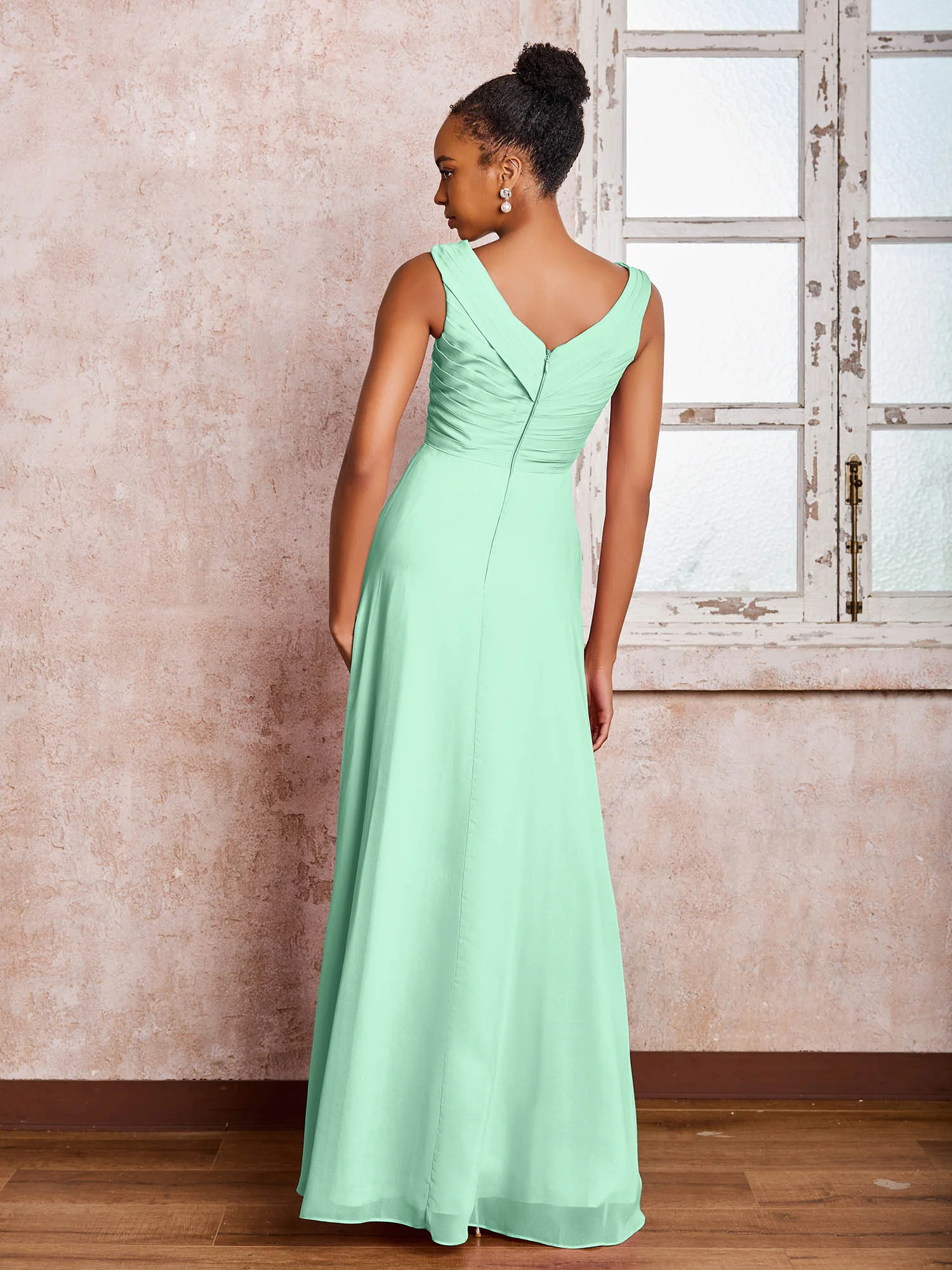 V-neck Pleated Sleeveless A-line Chiffon Dresses Mint Green - Image 2