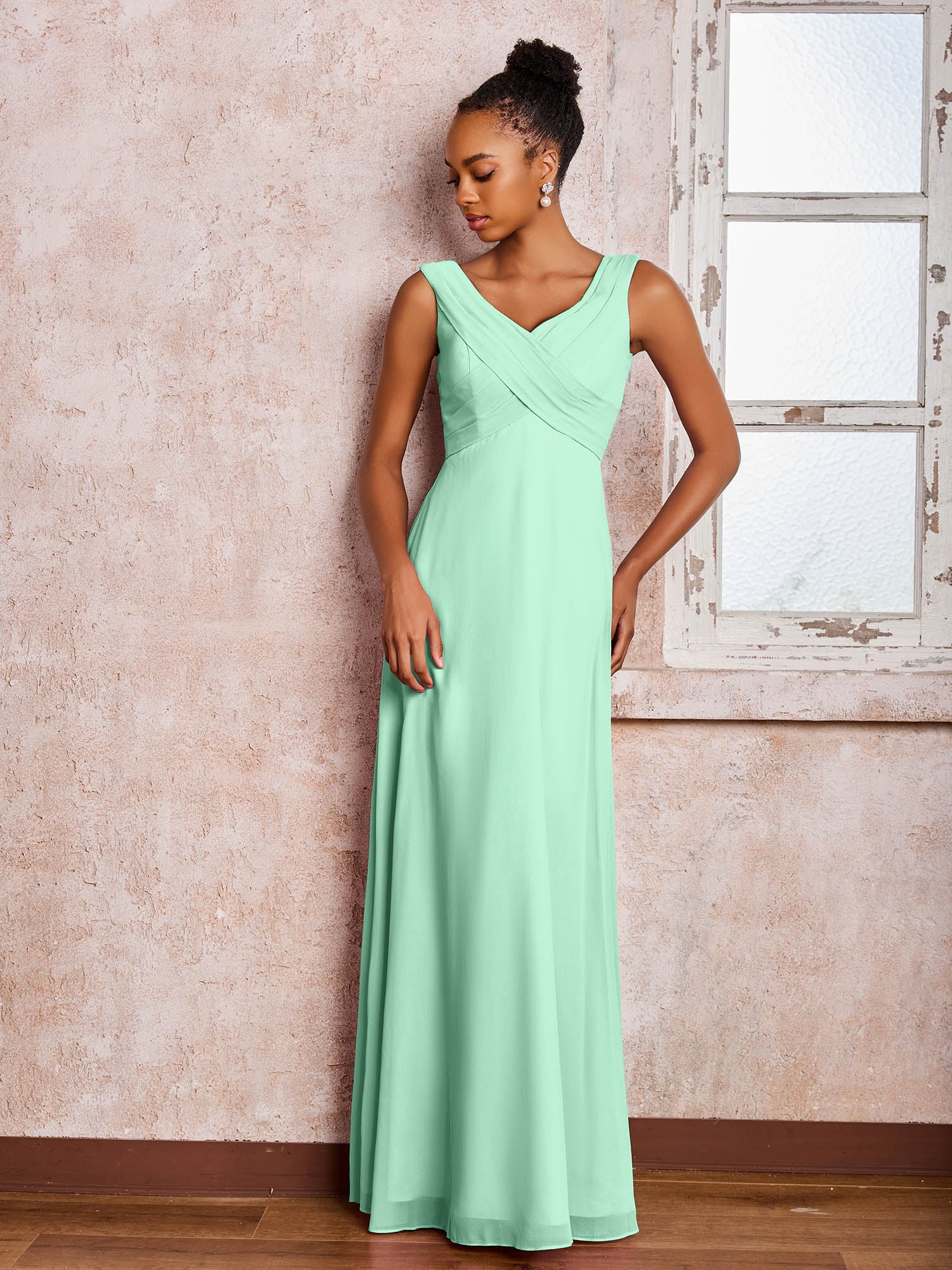V-neck Pleated Sleeveless A-line Chiffon Dresses Mint Green - Image 3