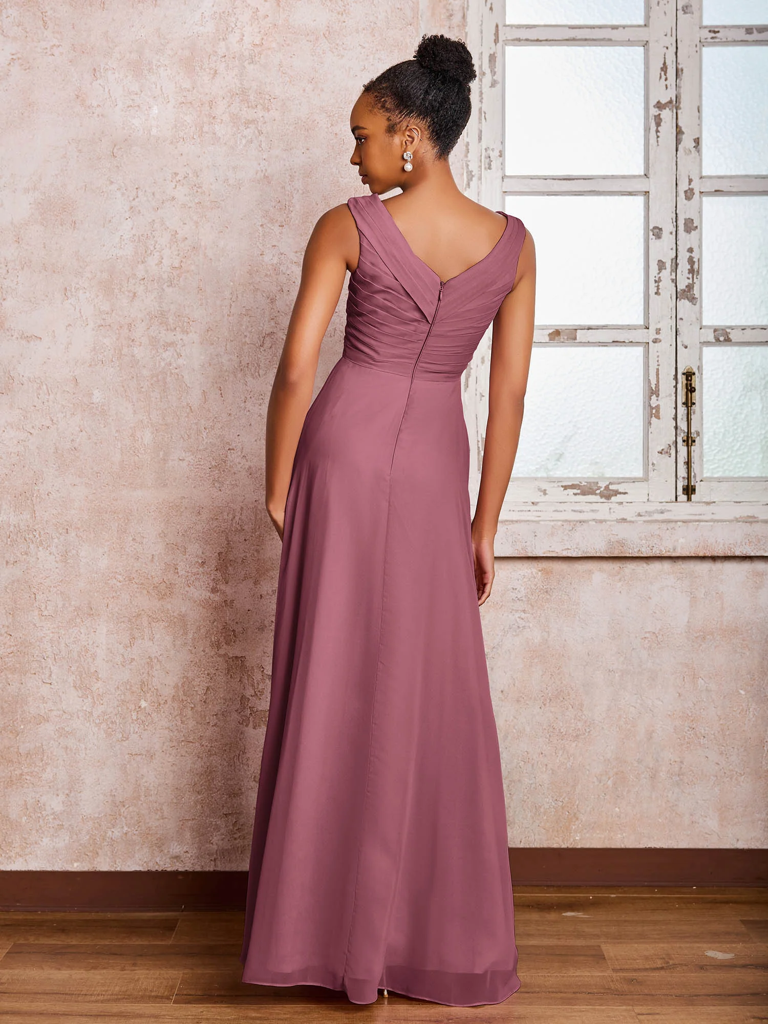 V-neck Pleated Sleeveless A-line Chiffon Dresses Mulberry - Image 2