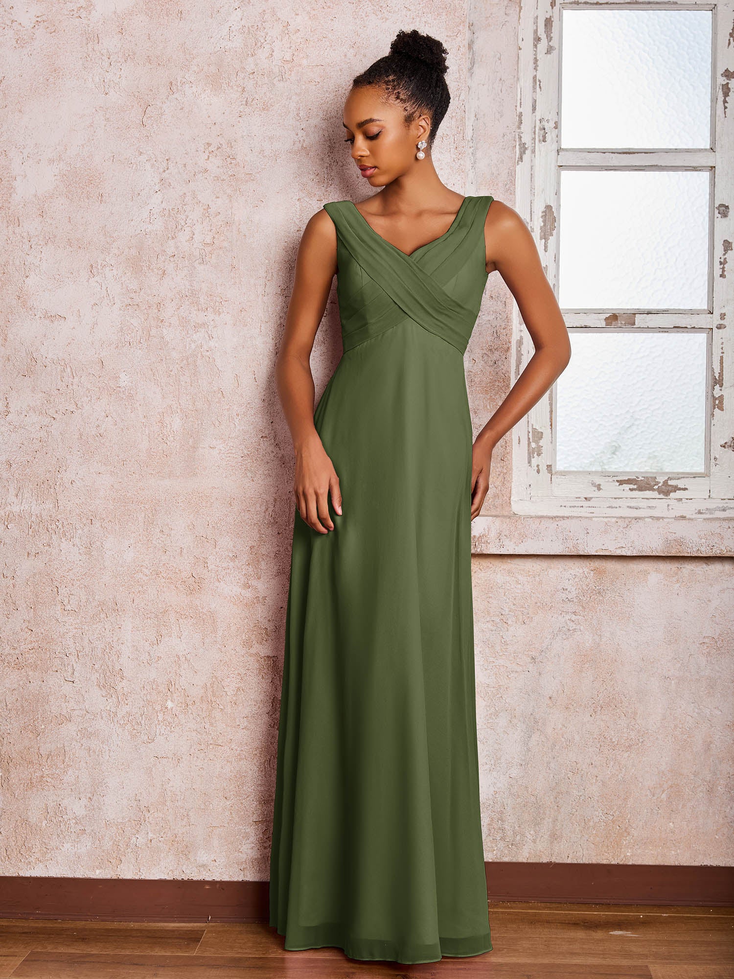 V-neck Pleated Sleeveless A-line Chiffon Dresses Olive Green - Image 3