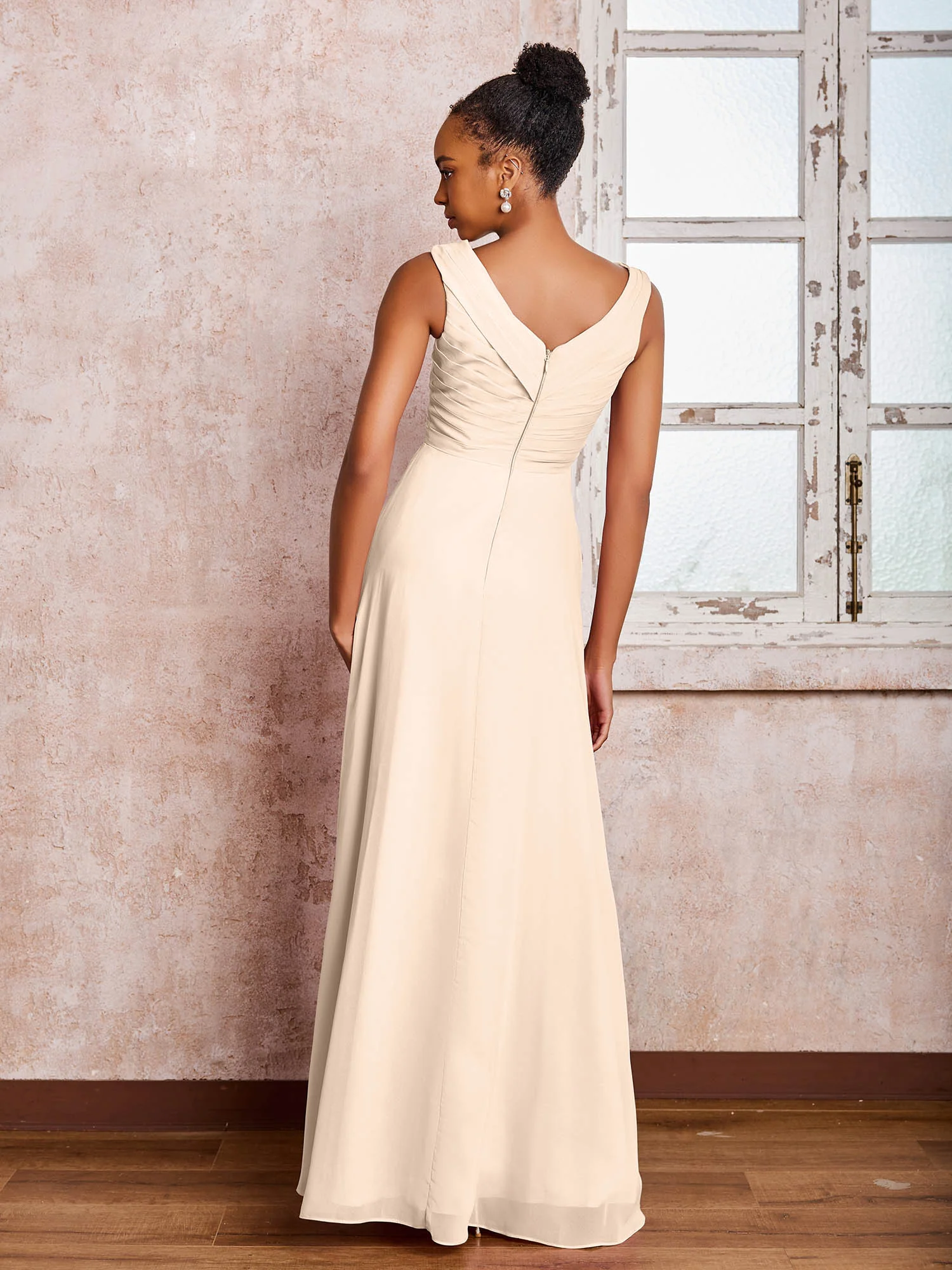 V-neck Pleated Sleeveless A-line Chiffon Dresses Peach - Image 2
