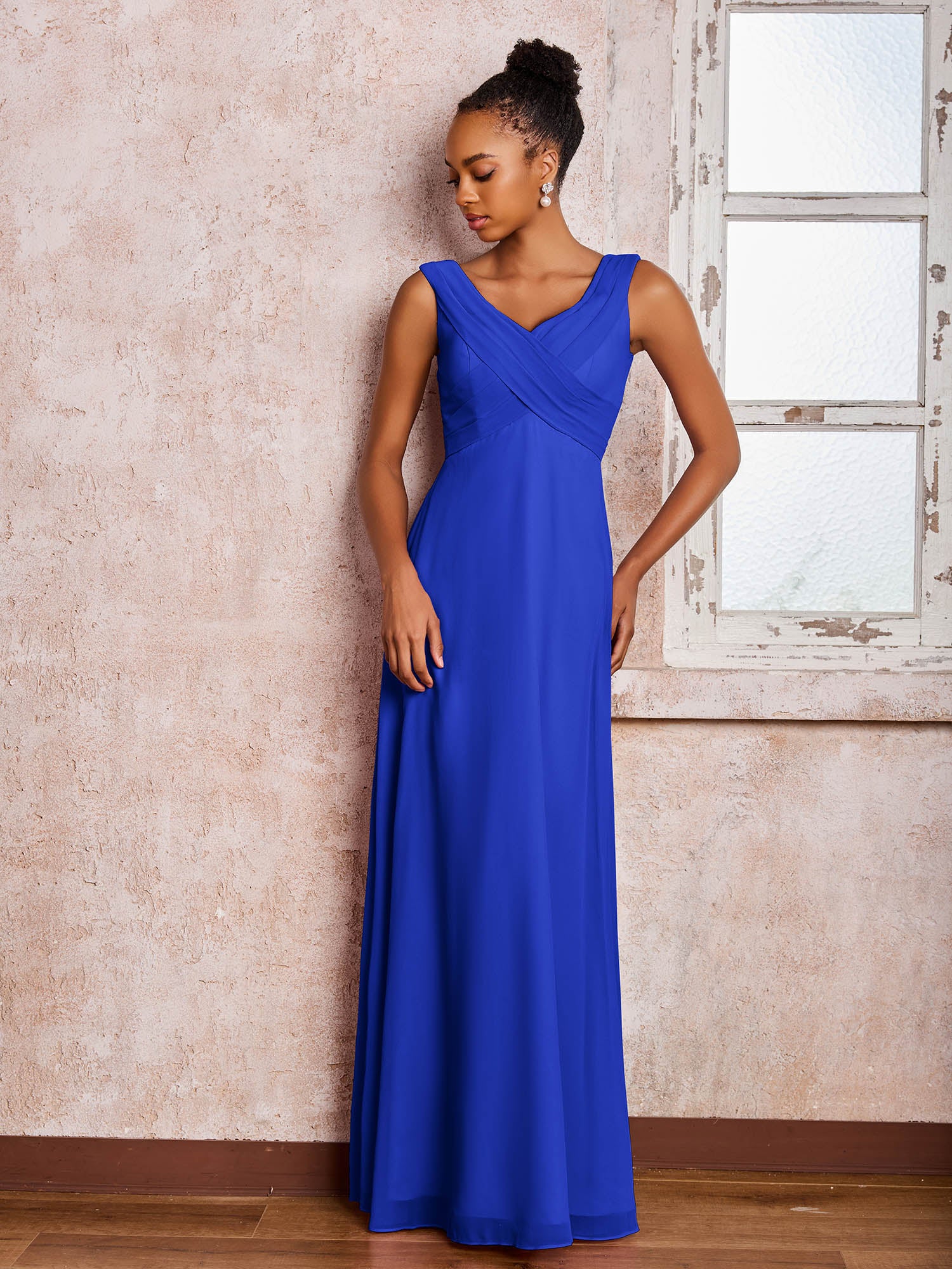V-neck Pleated Sleeveless A-line Chiffon Dresses Royal Blue - Image 3