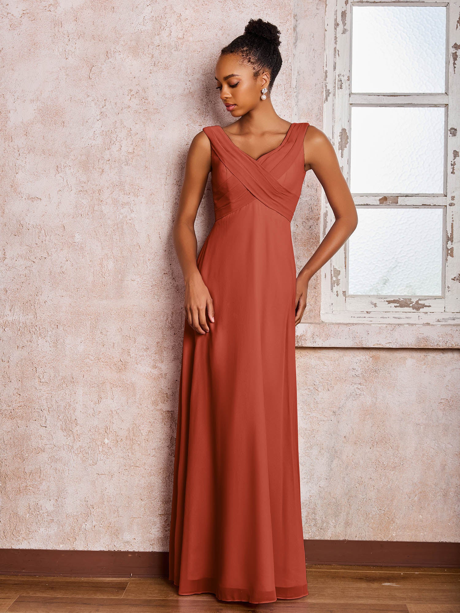 V-neck Pleated Sleeveless A-line Chiffon Dresses Rust - Image 3