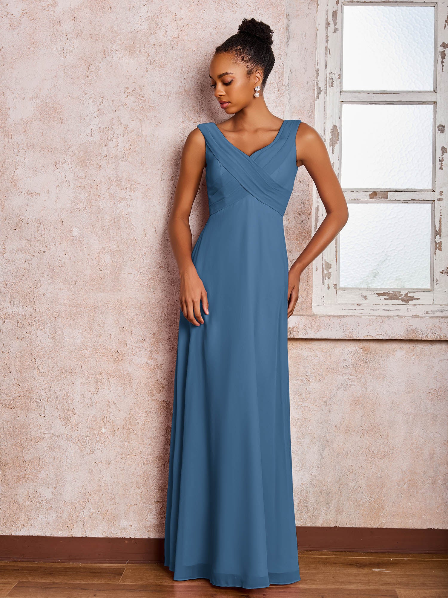 V-neck Pleated Sleeveless A-line Chiffon Dresses Slate Blue - Image 3