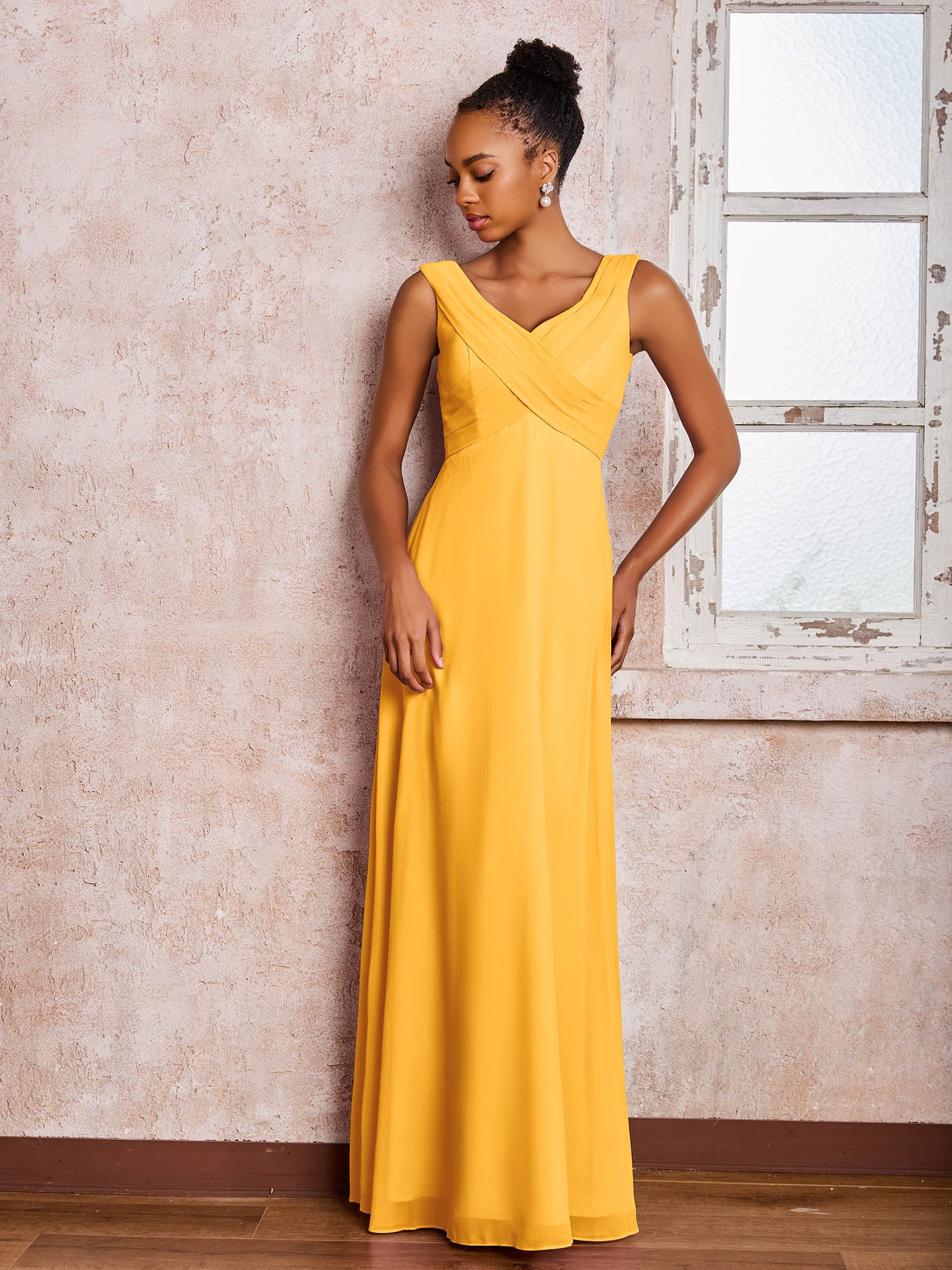 V-neck Pleated Sleeveless A-line Chiffon Dresses Tangerine - Image 3