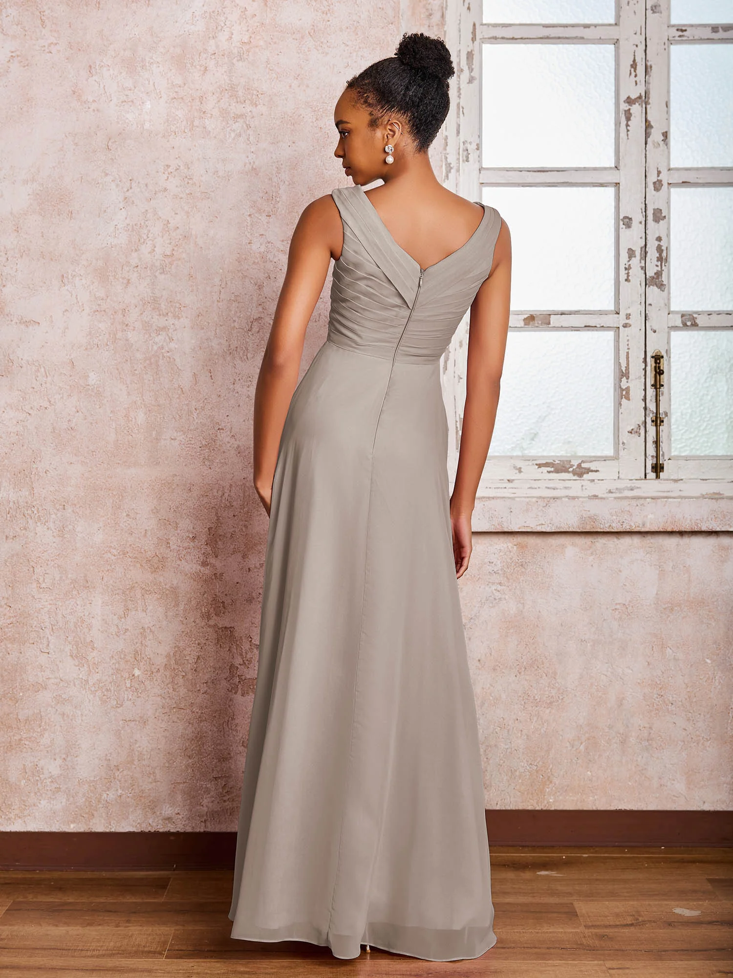 V-neck Pleated Sleeveless A-line Chiffon Dresses Taupe - Image 2