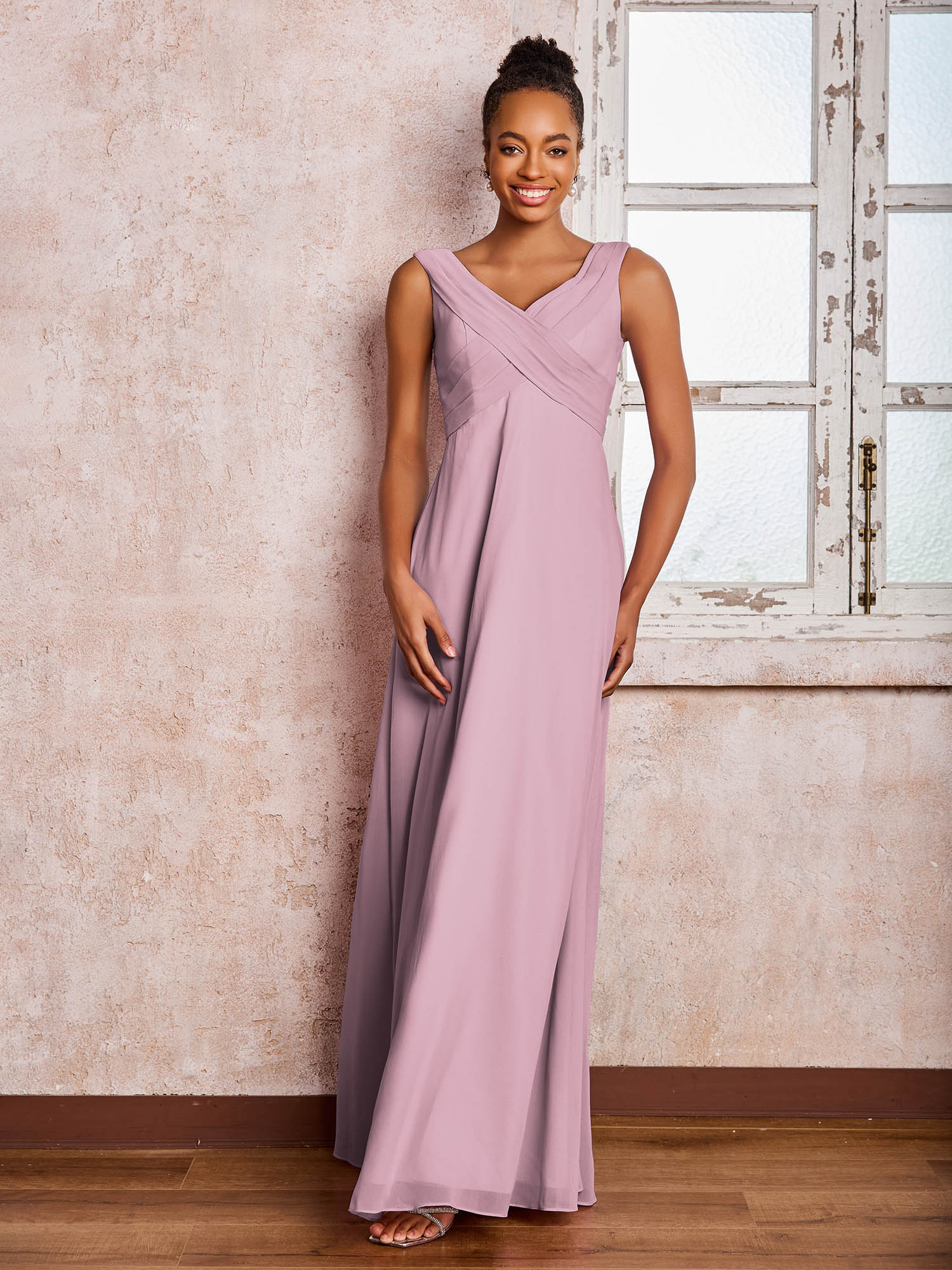 V-neck Pleated Sleeveless A-line Chiffon Dresses Vintage Mauve
