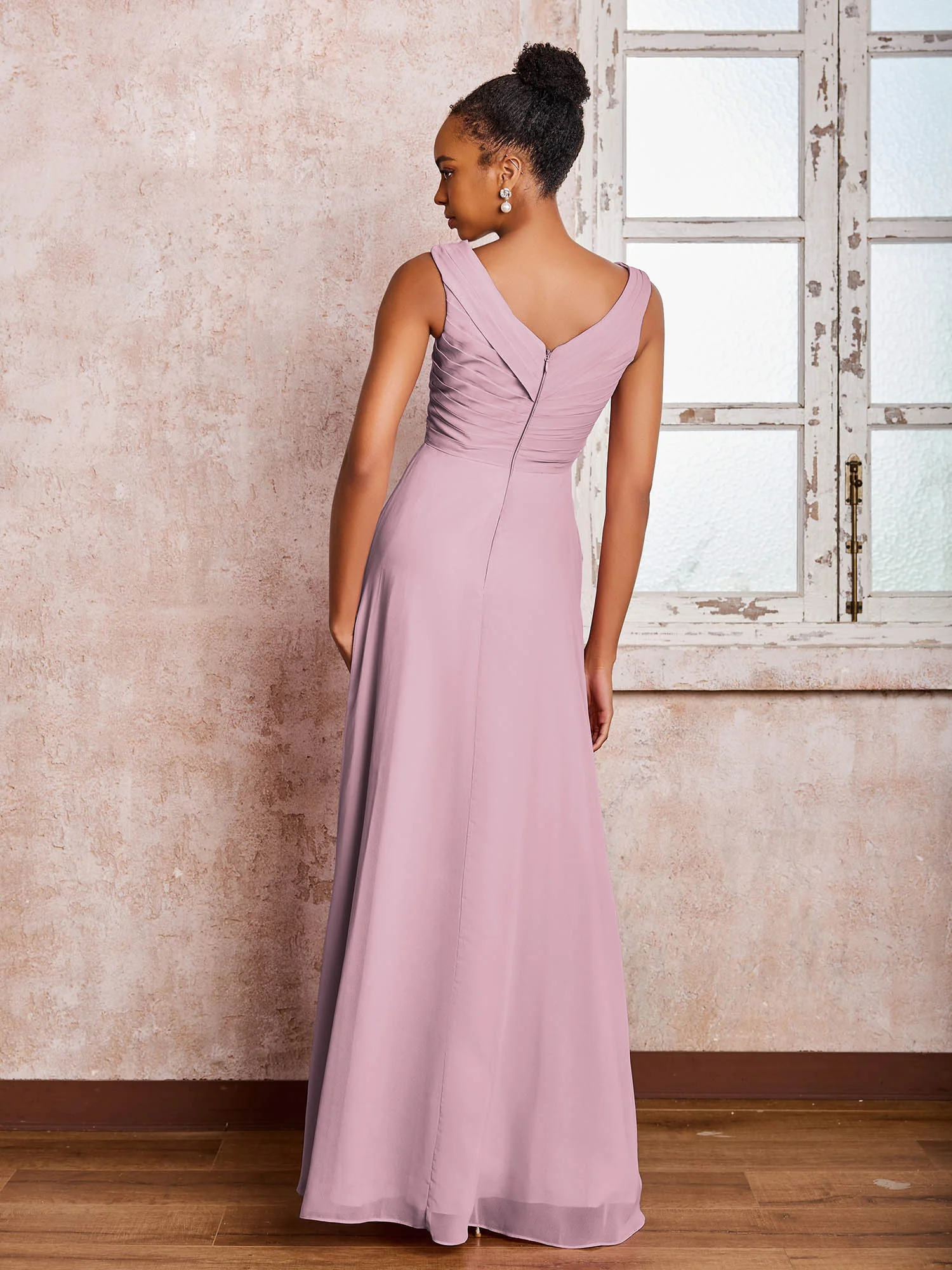 V-neck Pleated Sleeveless A-line Chiffon Dresses Vintage Mauve - Image 2