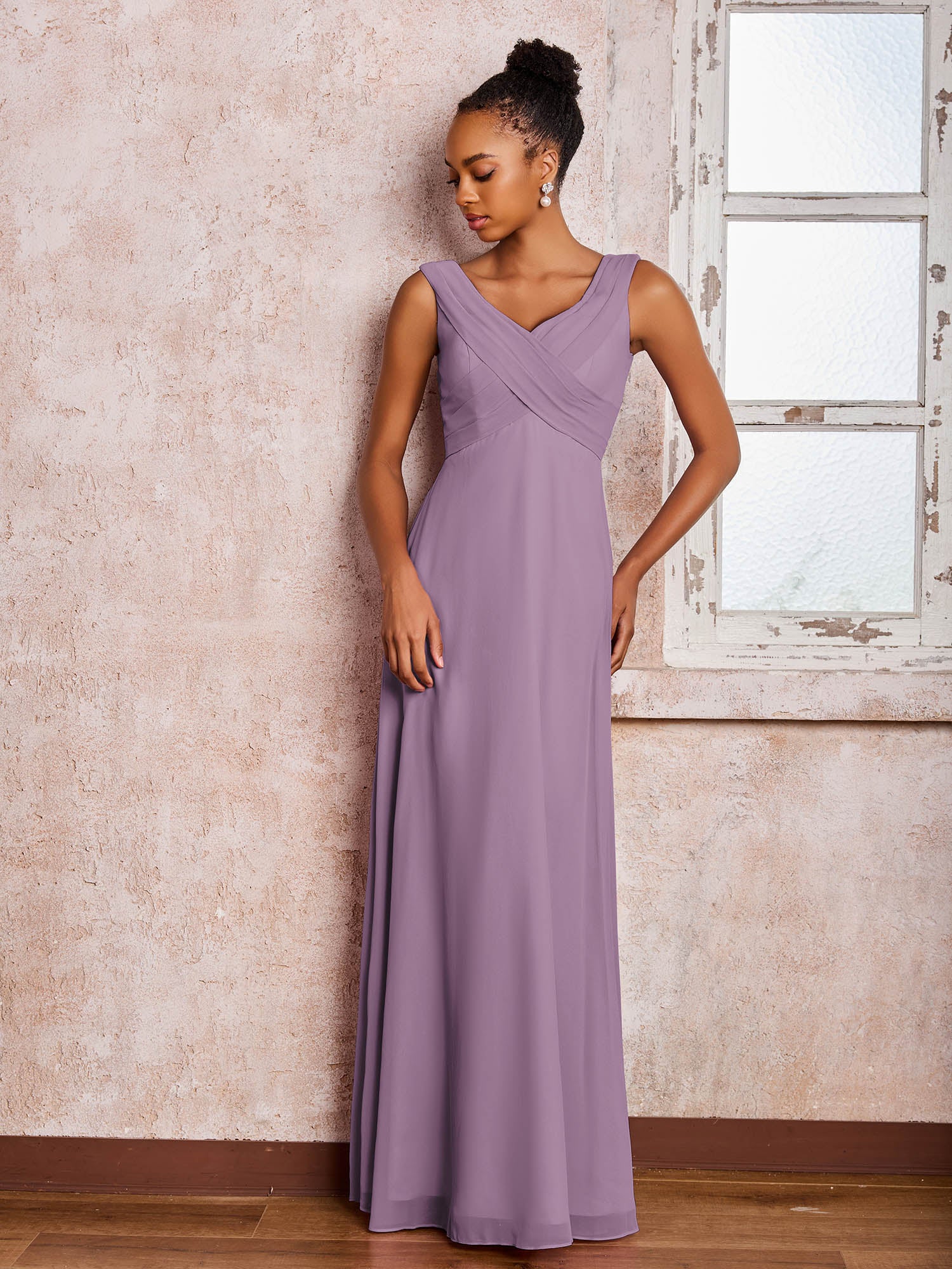 V-neck Pleated Sleeveless A-line Chiffon Dresses Wisteria - Image 3