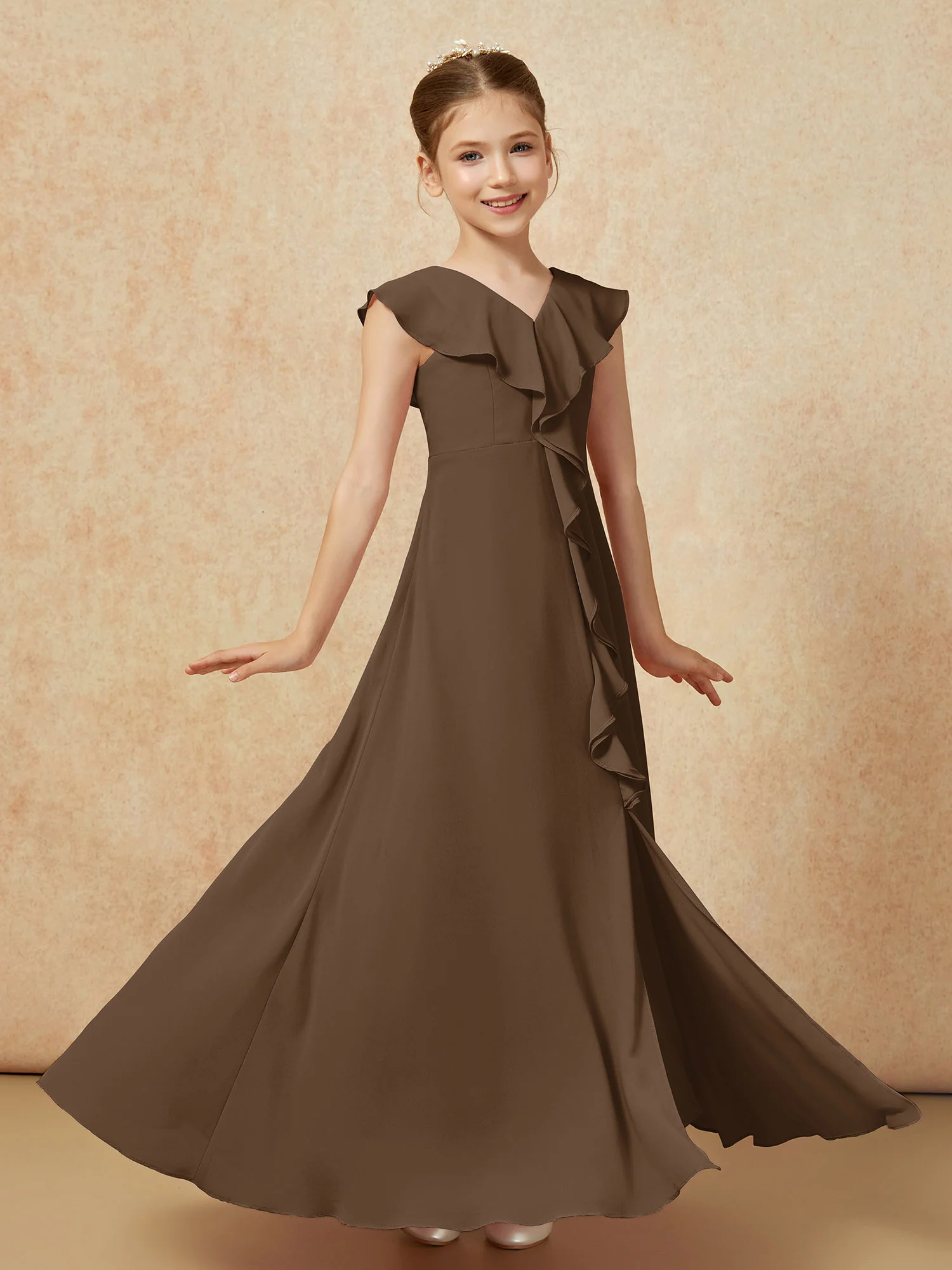 V-neck Ruffle Chiffon Junior Bridesmaid Dresses With Slit Brown - Image 3