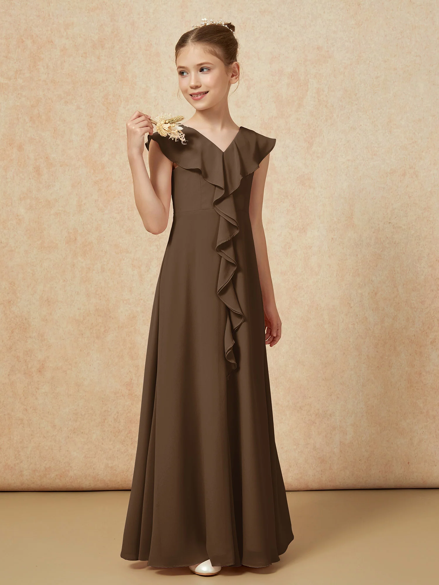 V-neck Ruffle Chiffon Junior Bridesmaid Dresses With Slit Brown - Image 4