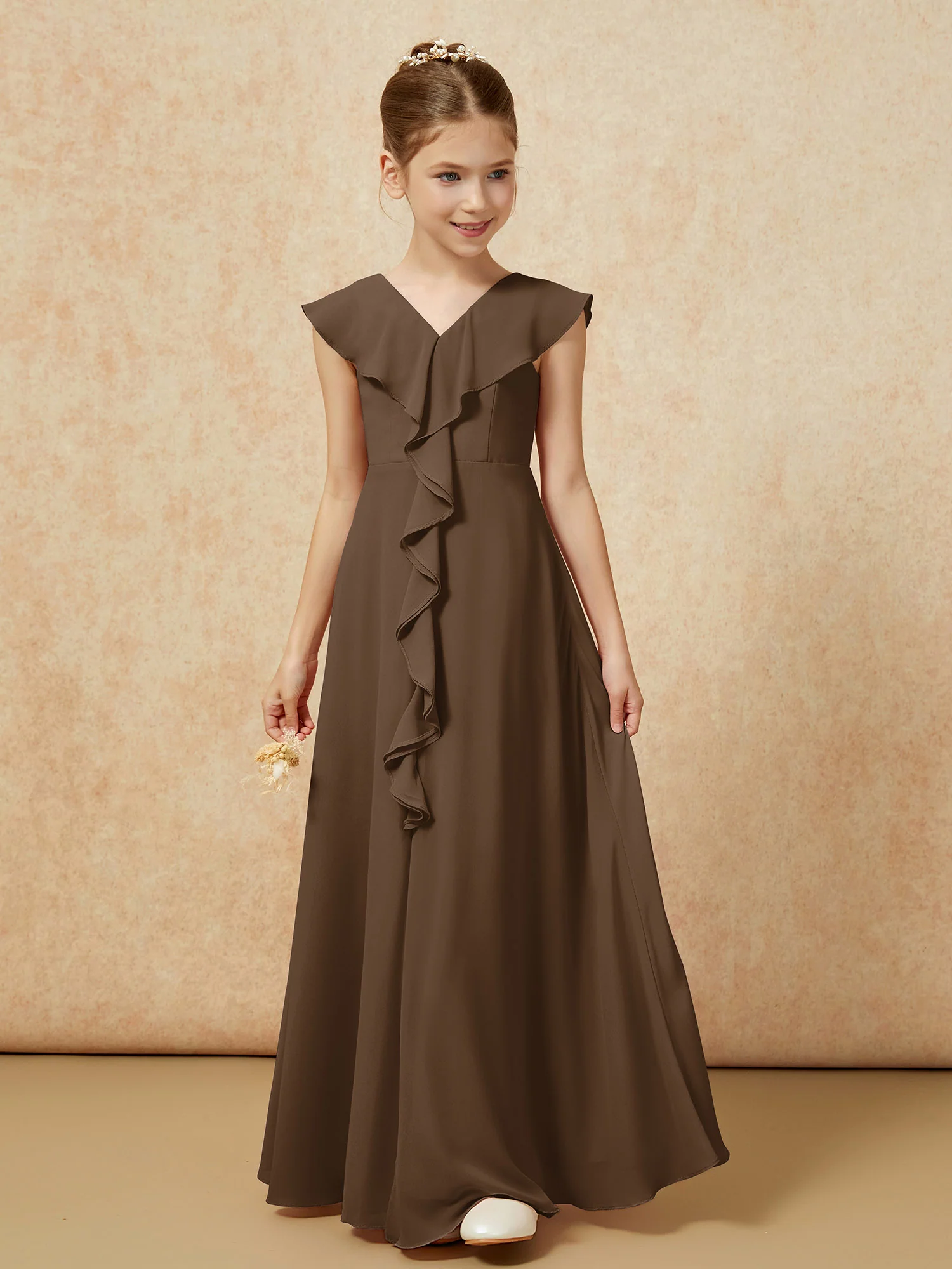 V-neck Ruffle Chiffon Junior Bridesmaid Dresses With Slit Brown - Image 5