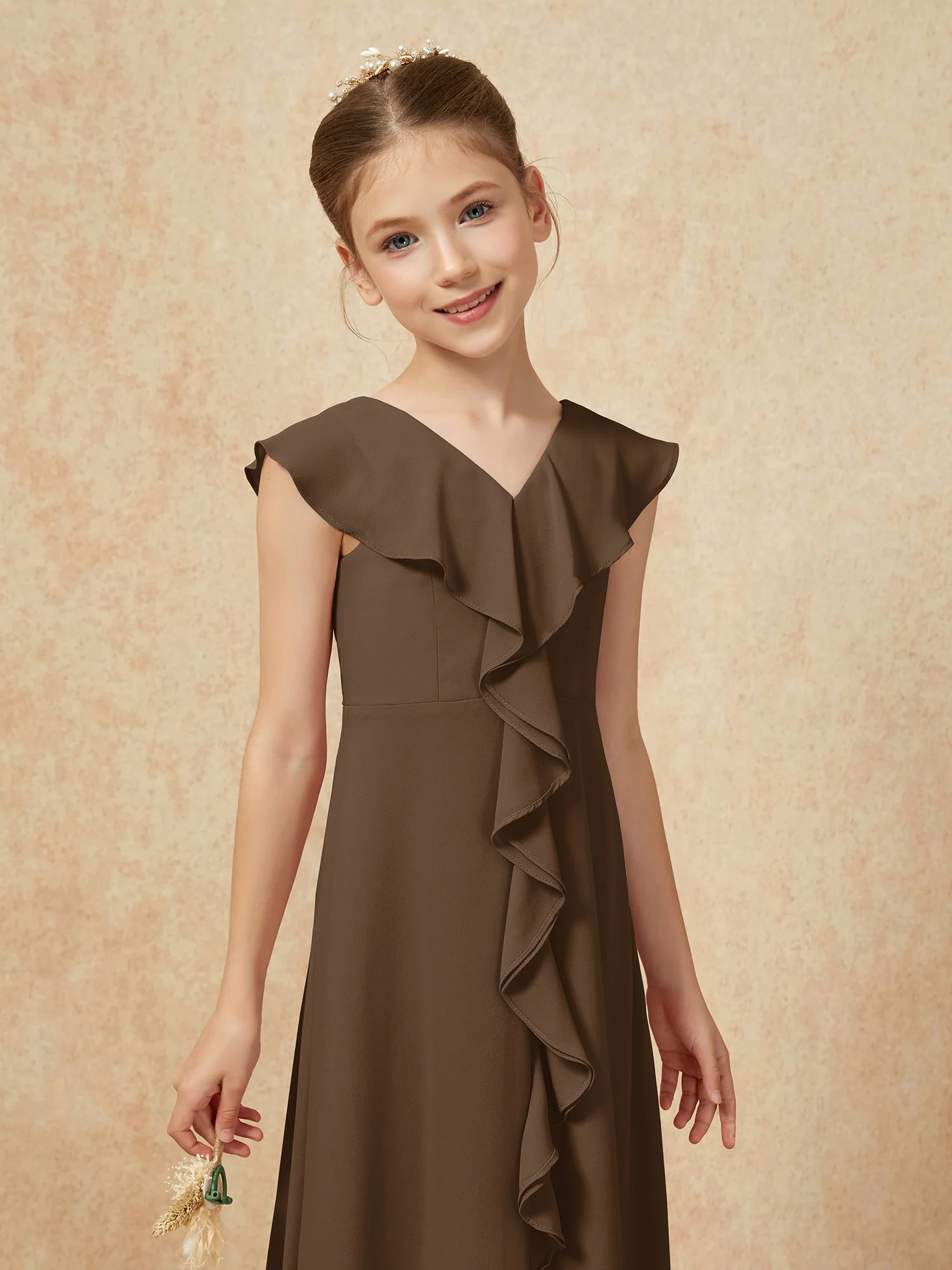V-neck Ruffle Chiffon Junior Bridesmaid Dresses With Slit Brown - Image 6
