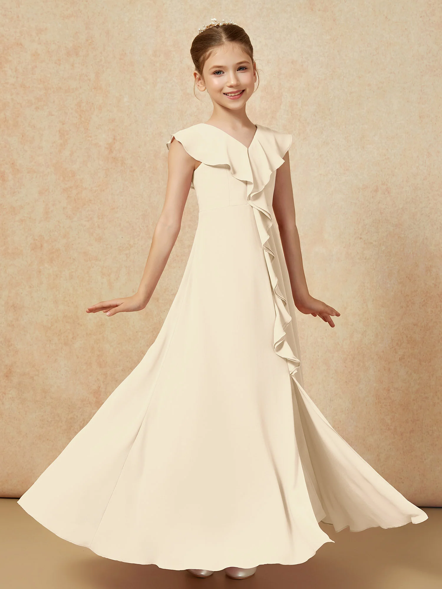 V-neck Ruffle Chiffon Junior Bridesmaid Dresses With Slit Champagne - Image 3