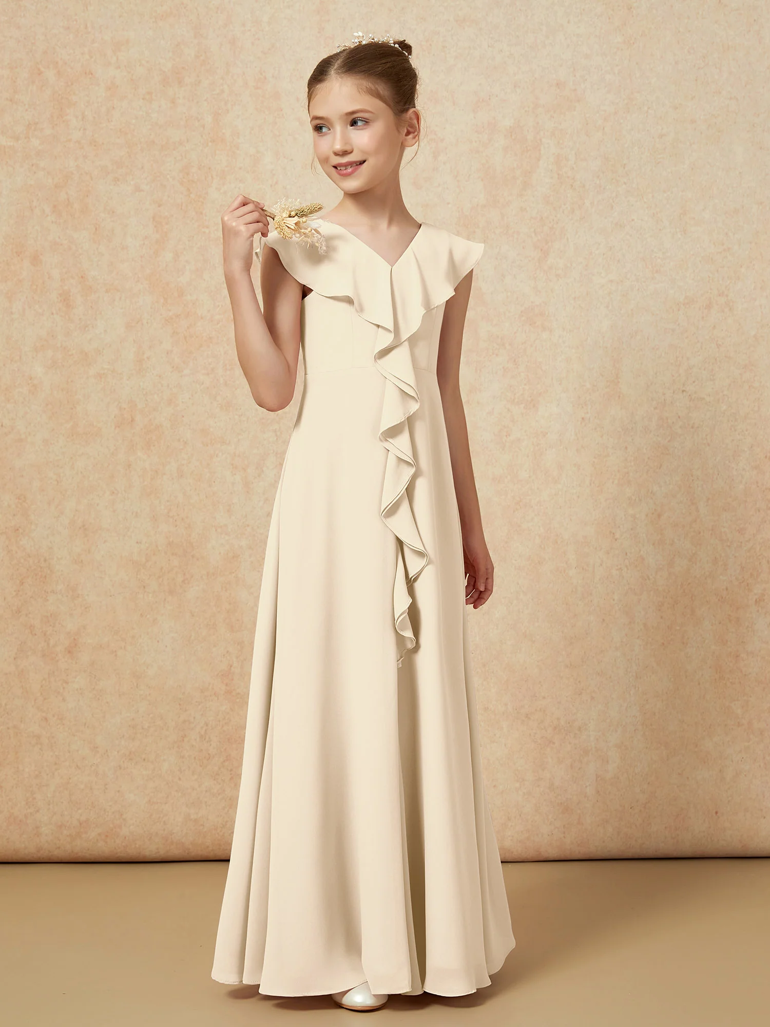V-neck Ruffle Chiffon Junior Bridesmaid Dresses With Slit Champagne - Image 4