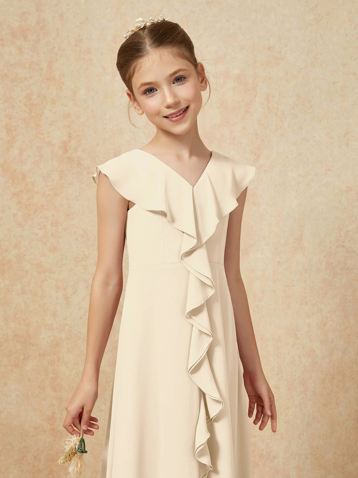 V-neck Ruffle Chiffon Junior Bridesmaid Dresses With Slit Champagne - Image 6