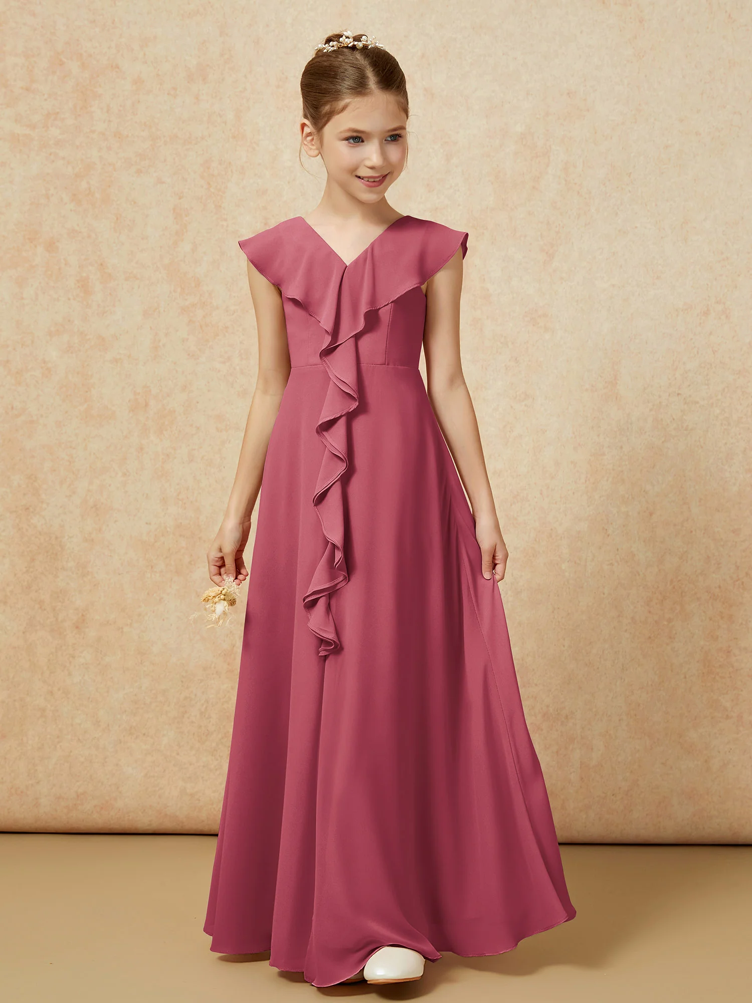 V-neck Ruffle Chiffon Junior Bridesmaid Dresses With Slit Cinnamon Rose - Image 5