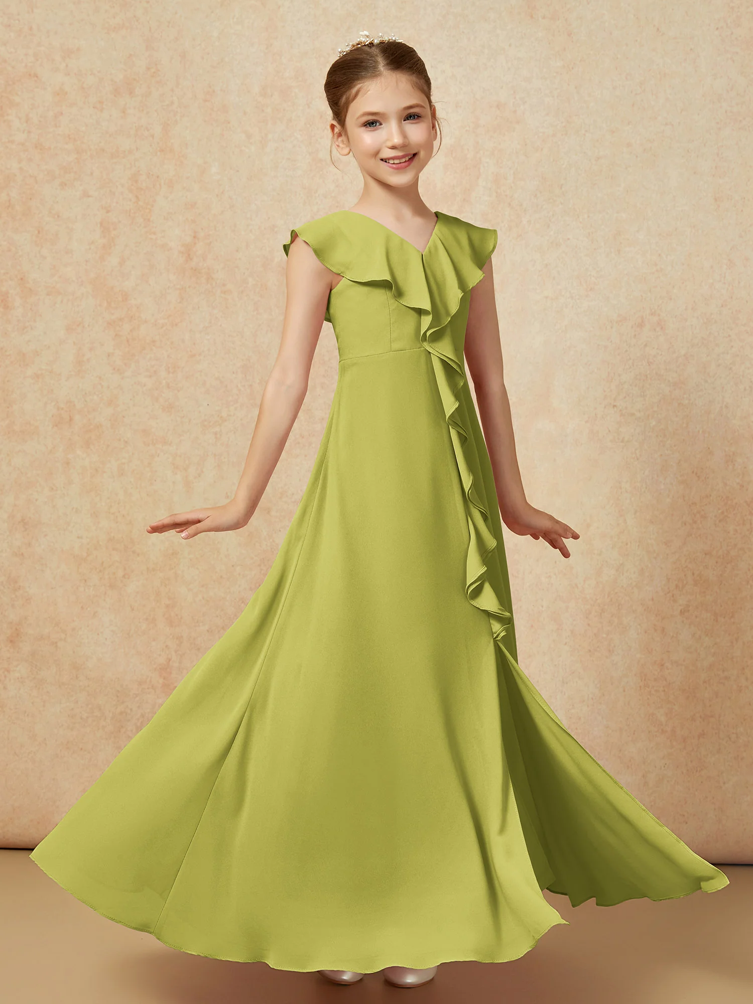 V-neck Ruffle Chiffon Junior Bridesmaid Dresses With Slit Clover - Image 3