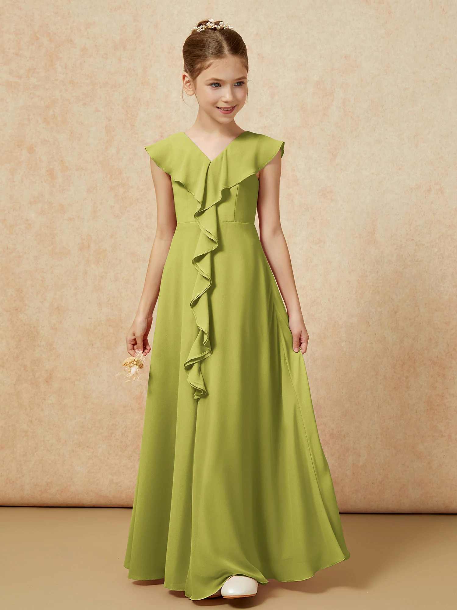 V-neck Ruffle Chiffon Junior Bridesmaid Dresses With Slit Clover - Image 5