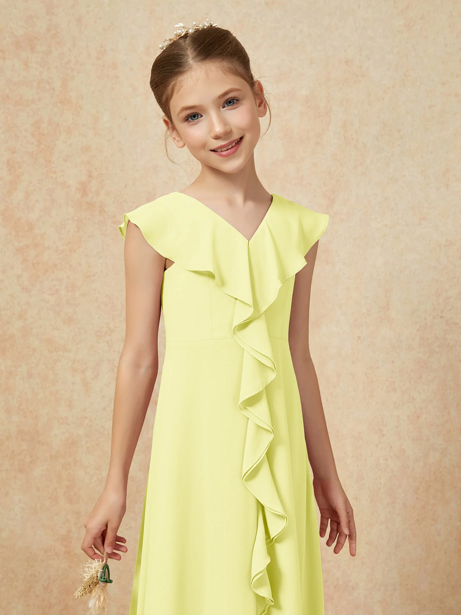 V-neck Ruffle Chiffon Junior Bridesmaid Dresses With Slit Daffodil - Image 6
