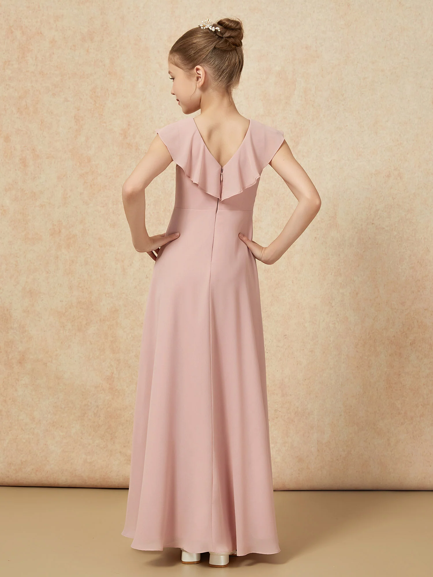 V-neck Ruffle Chiffon Junior Bridesmaid Dresses With Slit Dusty Rose - Image 2