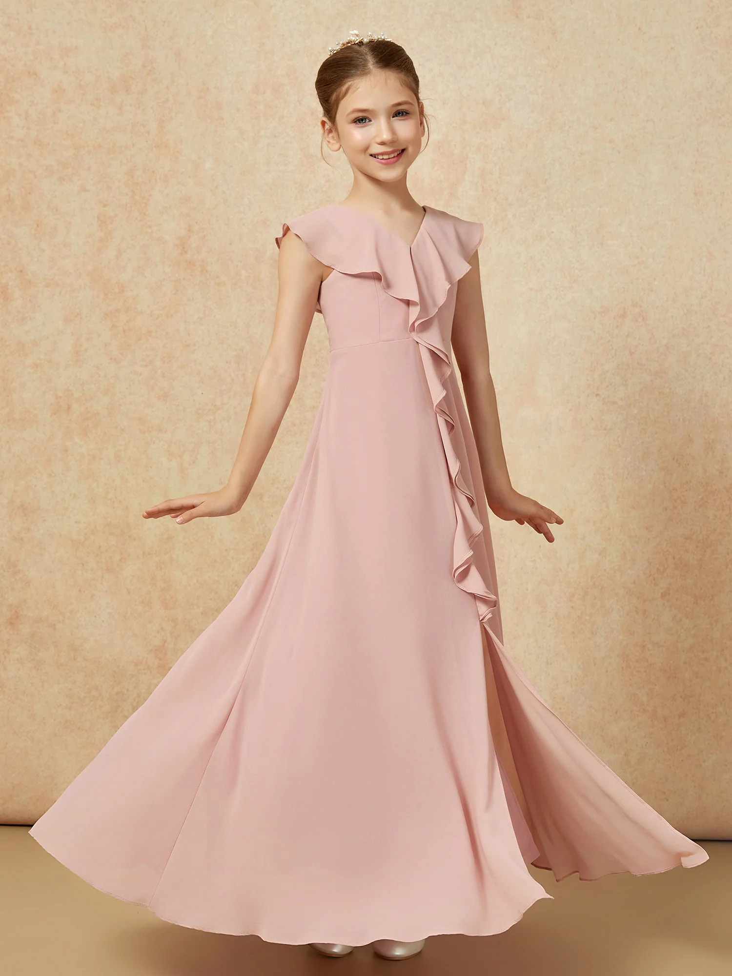 V-neck Ruffle Chiffon Junior Bridesmaid Dresses With Slit Dusty Rose - Image 3