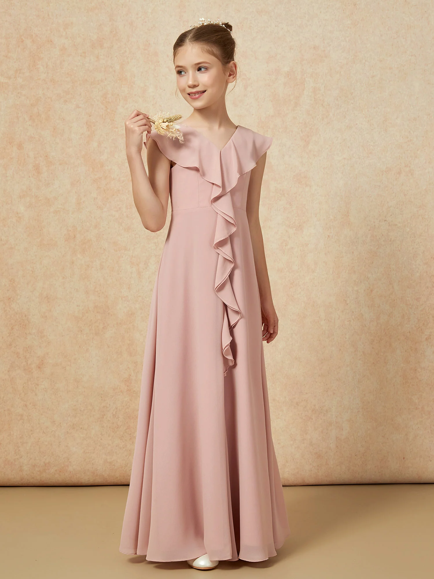 V-neck Ruffle Chiffon Junior Bridesmaid Dresses With Slit Dusty Rose - Image 4