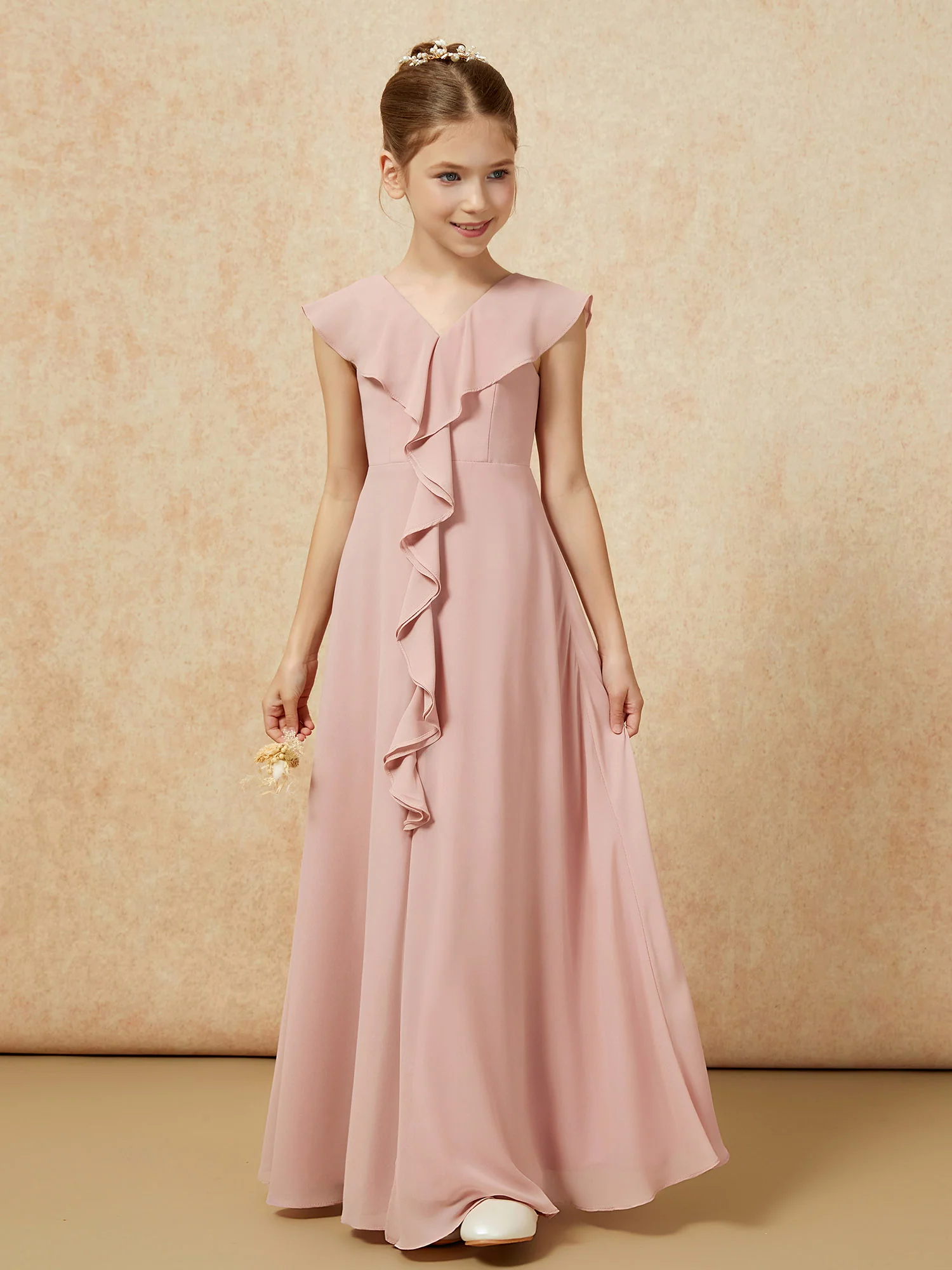 V-neck Ruffle Chiffon Junior Bridesmaid Dresses With Slit Dusty Rose - Image 5