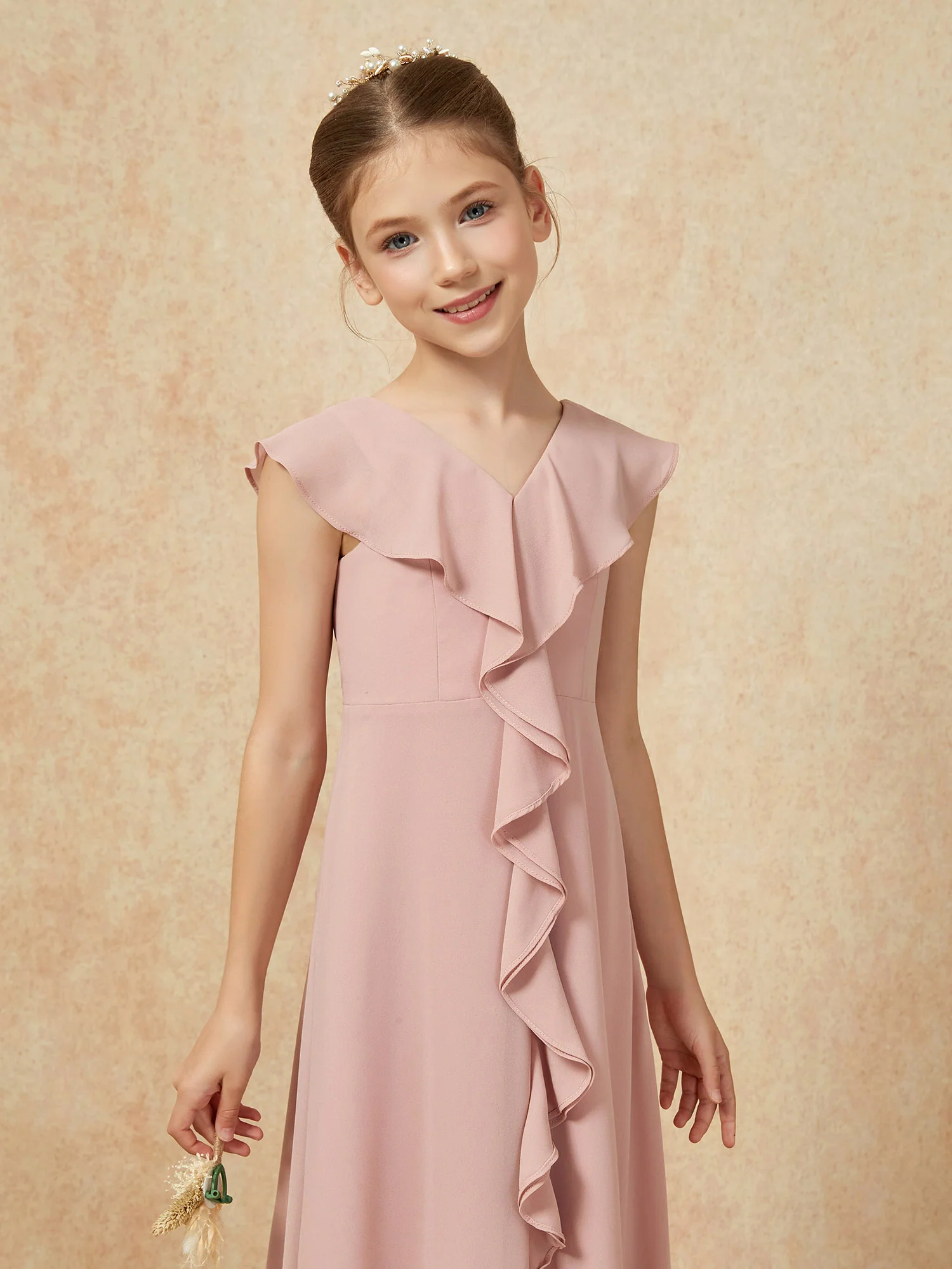 V-neck Ruffle Chiffon Junior Bridesmaid Dresses With Slit Dusty Rose - Image 6