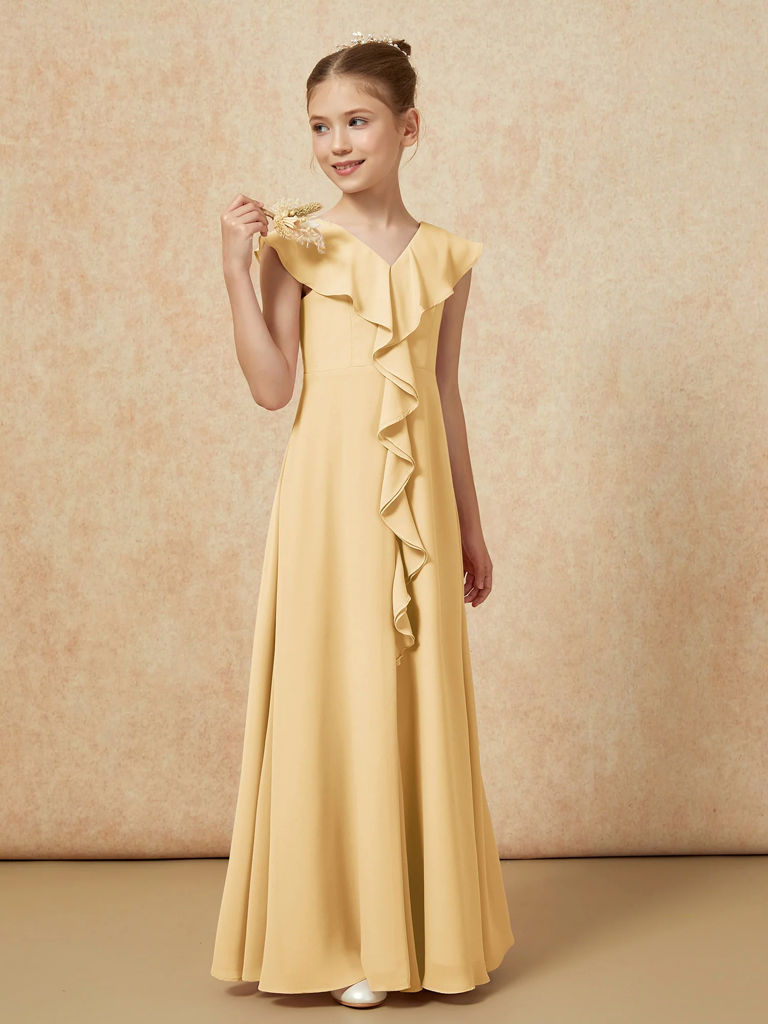 V-neck Ruffle Chiffon Junior Bridesmaid Dresses With Slit Gold - Image 4