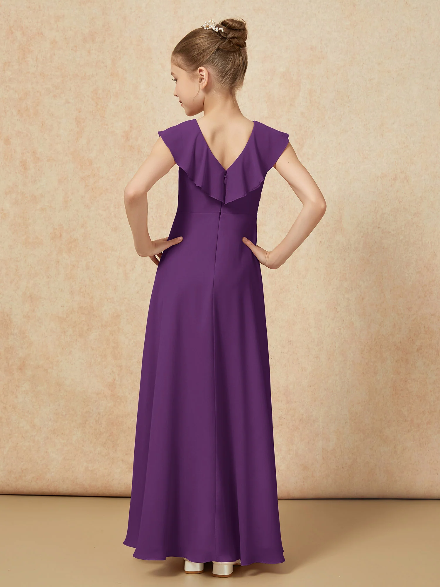 V-neck Ruffle Chiffon Junior Bridesmaid Dresses With Slit Grape - Image 2