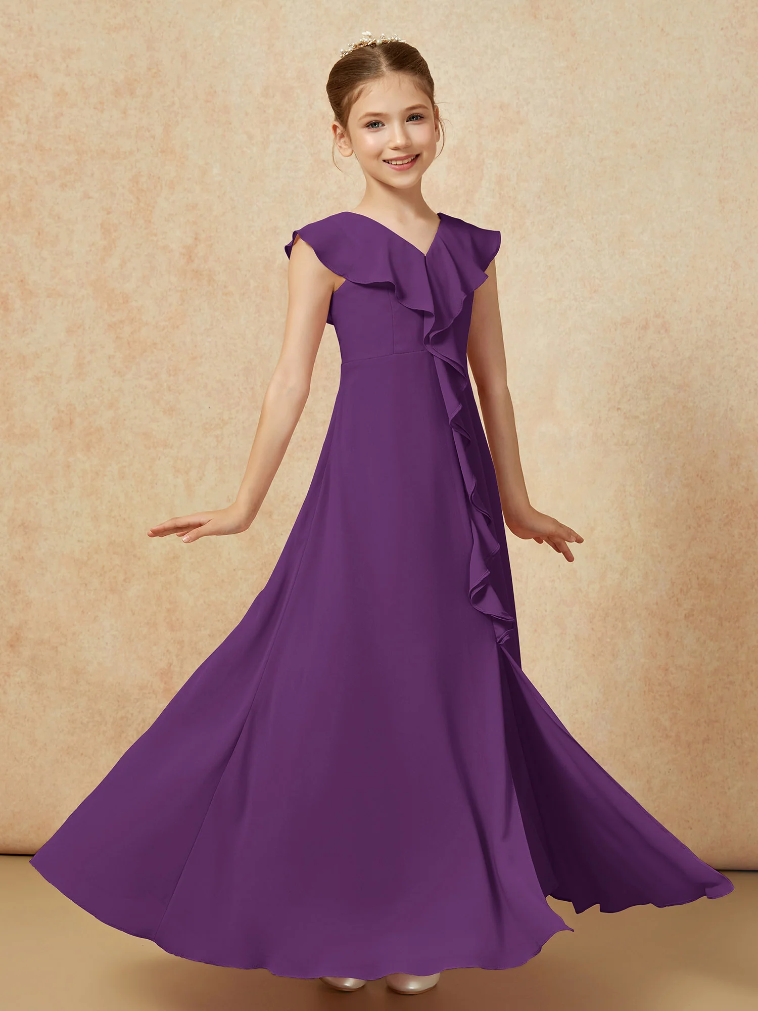 V-neck Ruffle Chiffon Junior Bridesmaid Dresses With Slit Grape - Image 3