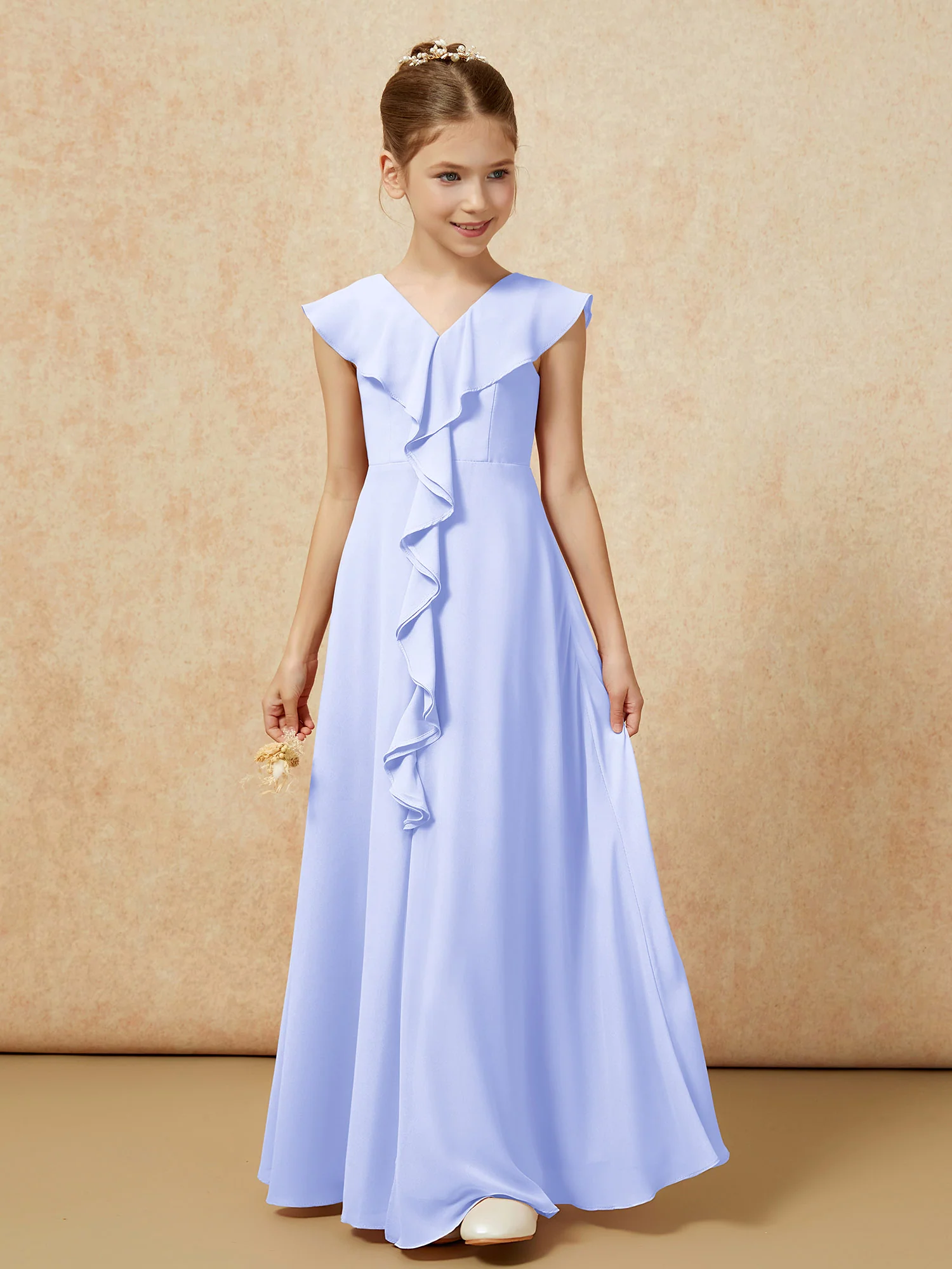 V-neck Ruffle Chiffon Junior Bridesmaid Dresses With Slit Lavender - Image 5