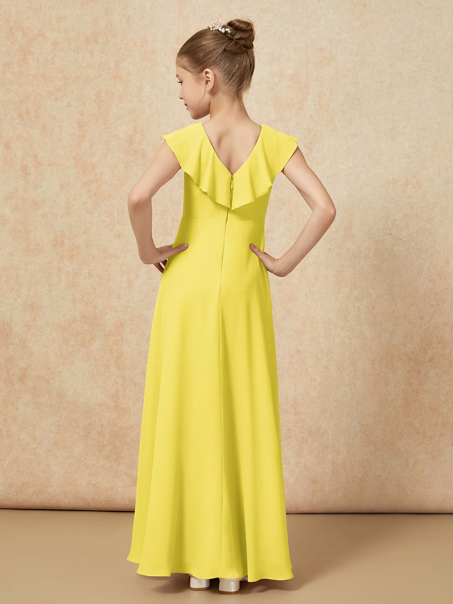 V-neck Ruffle Chiffon Junior Bridesmaid Dresses With Slit Lemon - Image 2