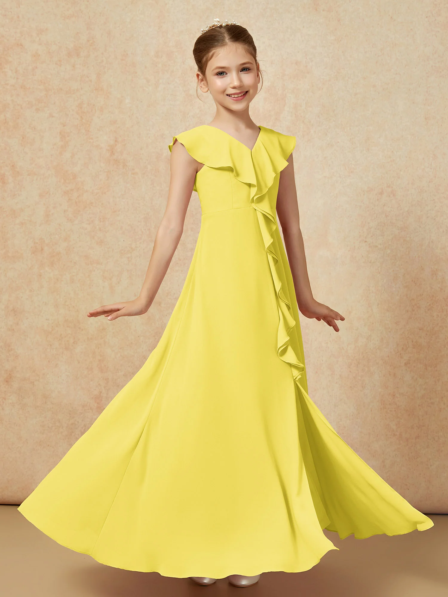 V-neck Ruffle Chiffon Junior Bridesmaid Dresses With Slit Lemon - Image 3