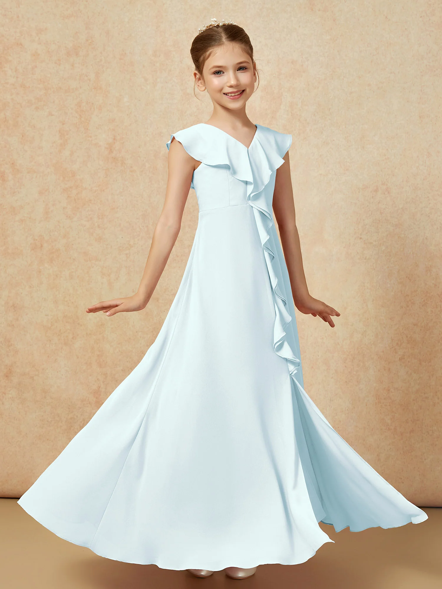 V-neck Ruffle Chiffon Junior Bridesmaid Dresses With Slit Mist - Image 3