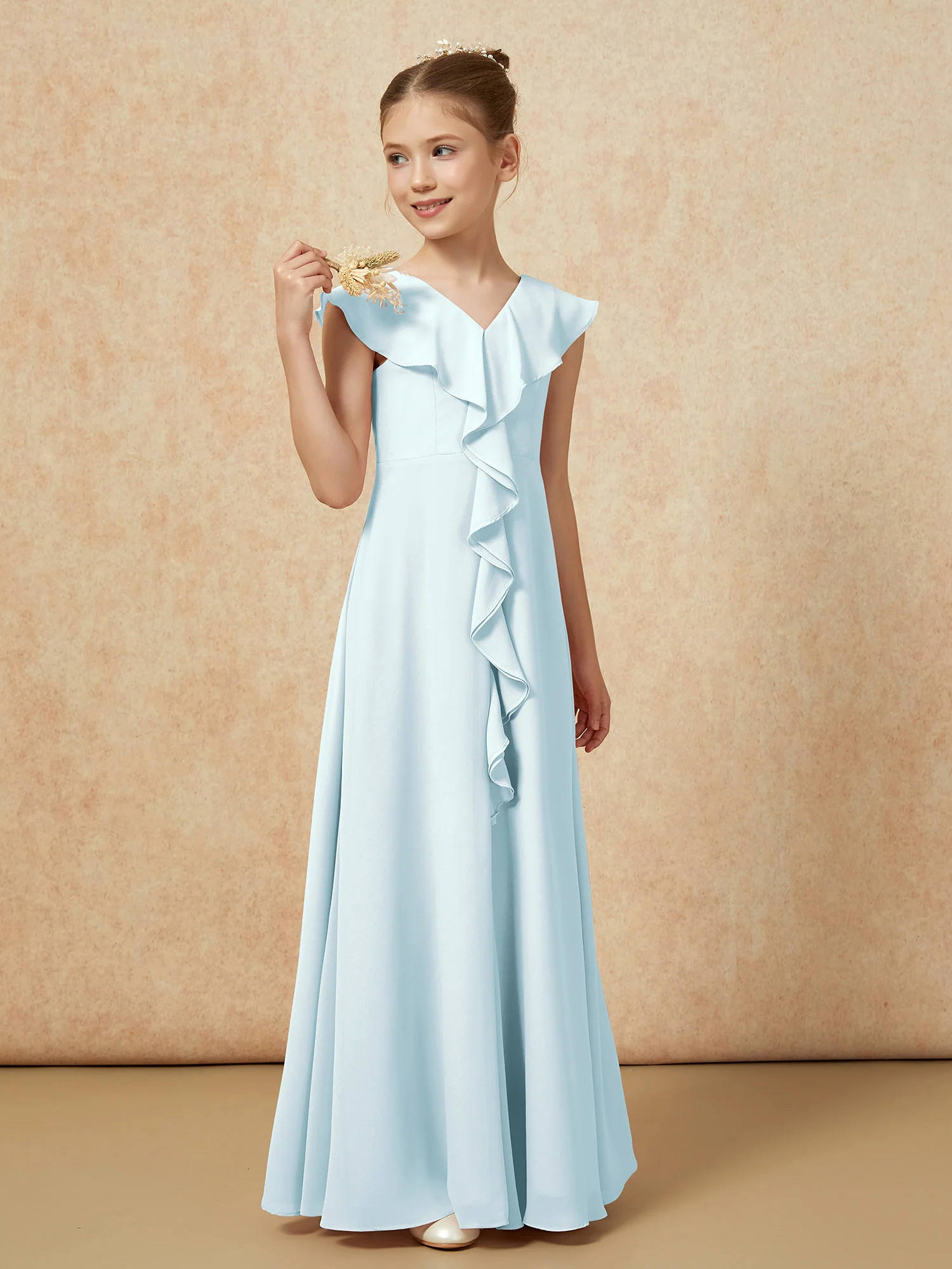 V-neck Ruffle Chiffon Junior Bridesmaid Dresses With Slit Mist - Image 4