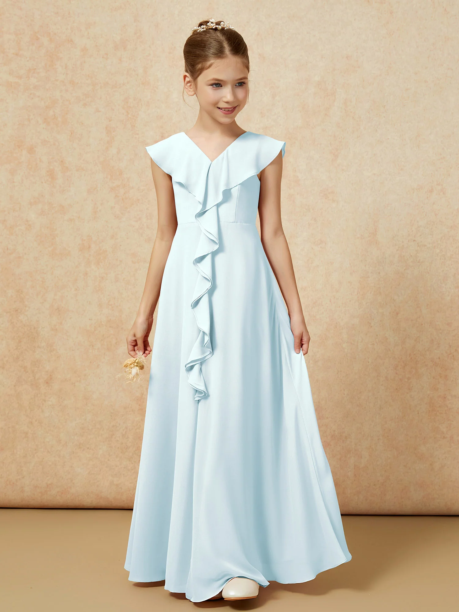V-neck Ruffle Chiffon Junior Bridesmaid Dresses With Slit Mist - Image 5