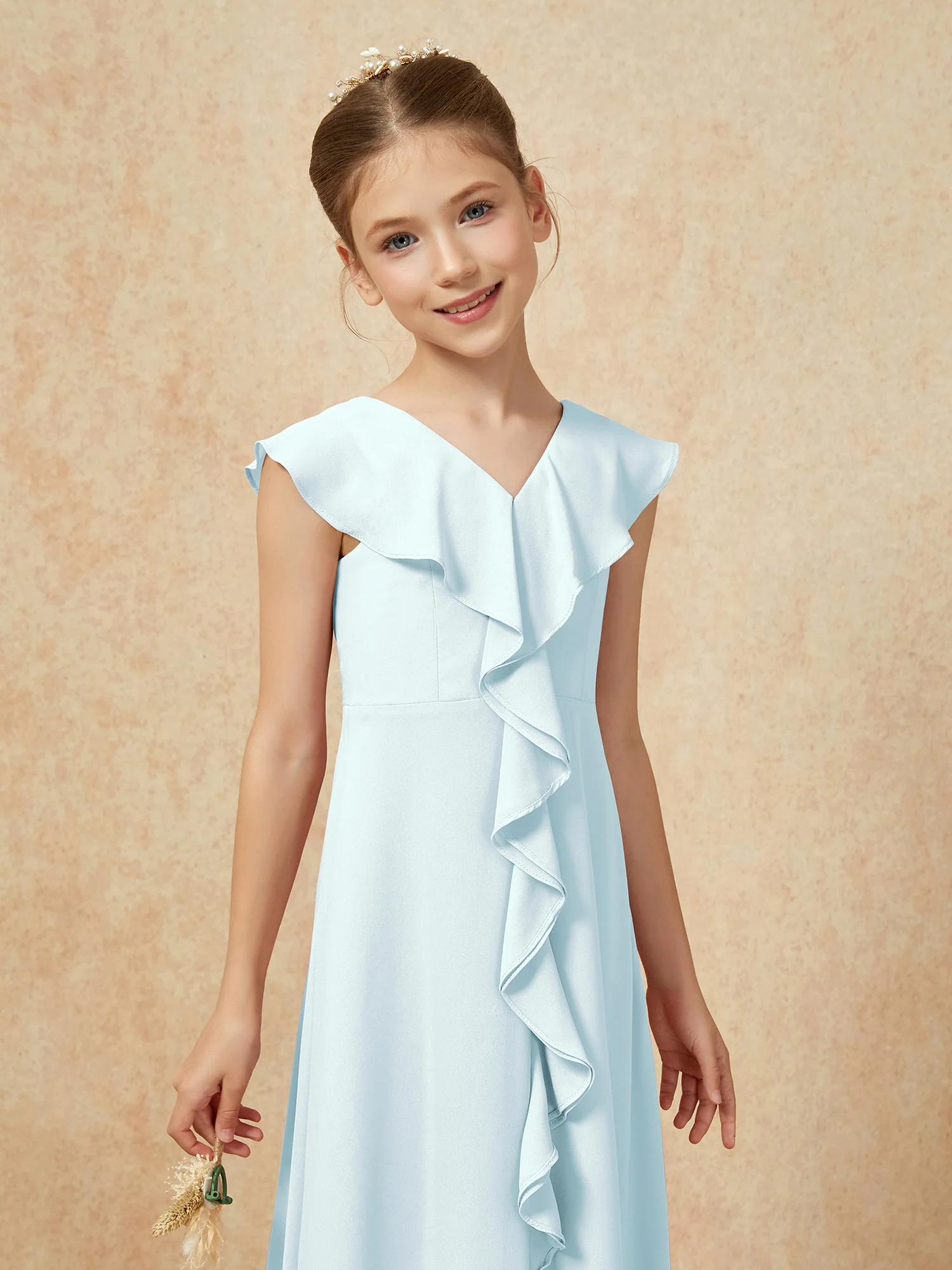 V-neck Ruffle Chiffon Junior Bridesmaid Dresses With Slit Mist - Image 6