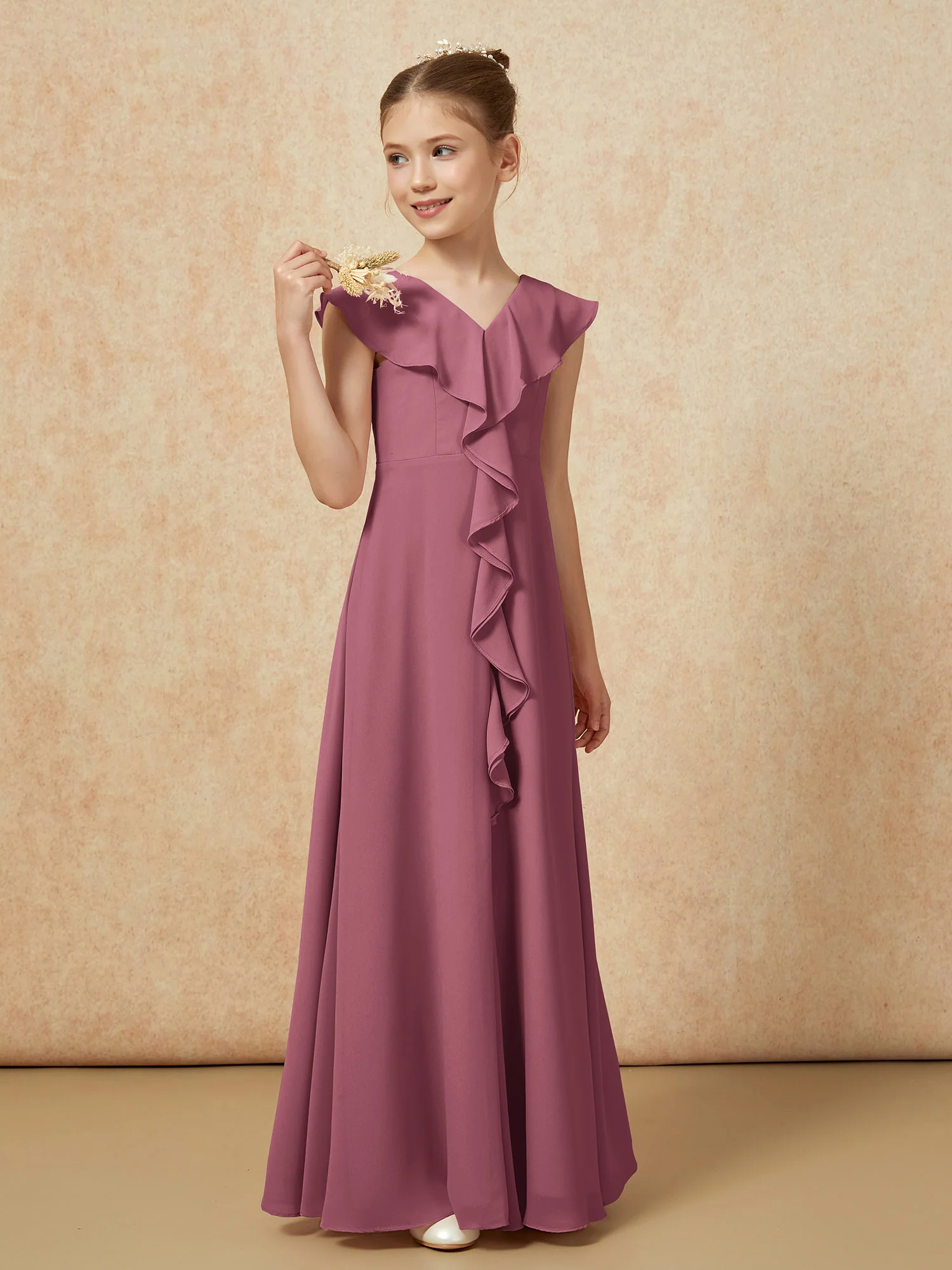 V-neck Ruffle Chiffon Junior Bridesmaid Dresses With Slit Mulberry - Image 4