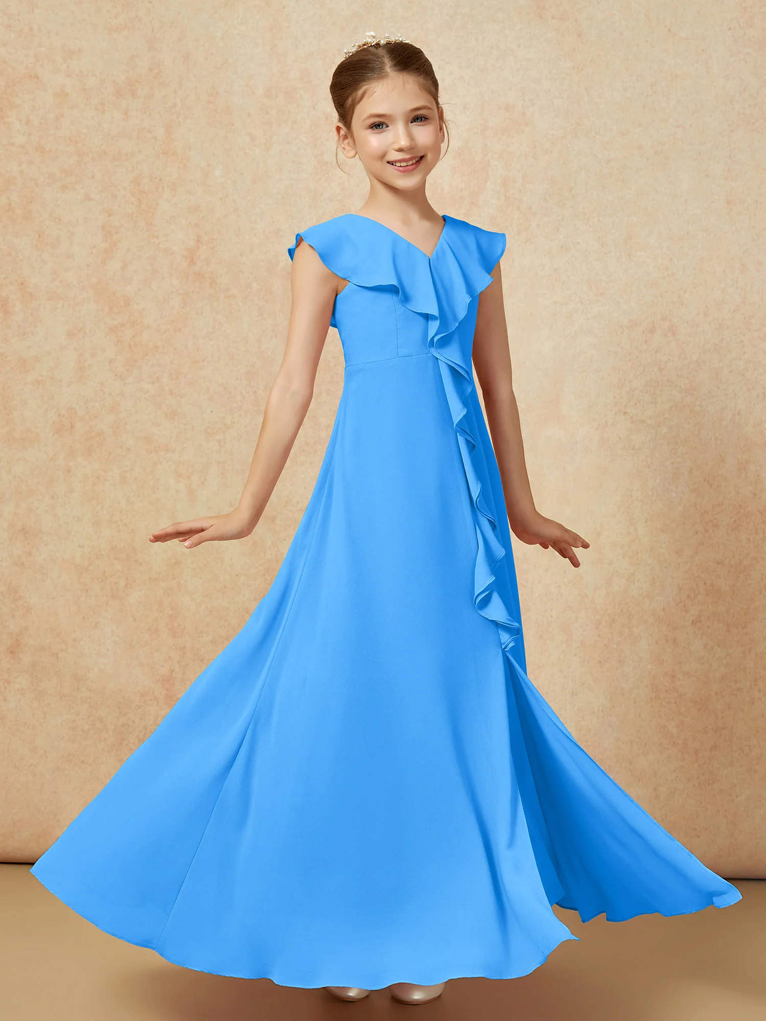 V-neck Ruffle Chiffon Junior Bridesmaid Dresses With Slit Ocean Blue - Image 3
