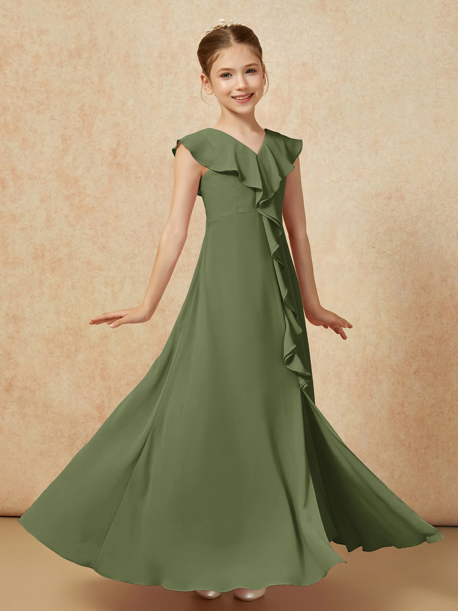 V-neck Ruffle Chiffon Junior Bridesmaid Dresses With Slit Olive Green - Image 3