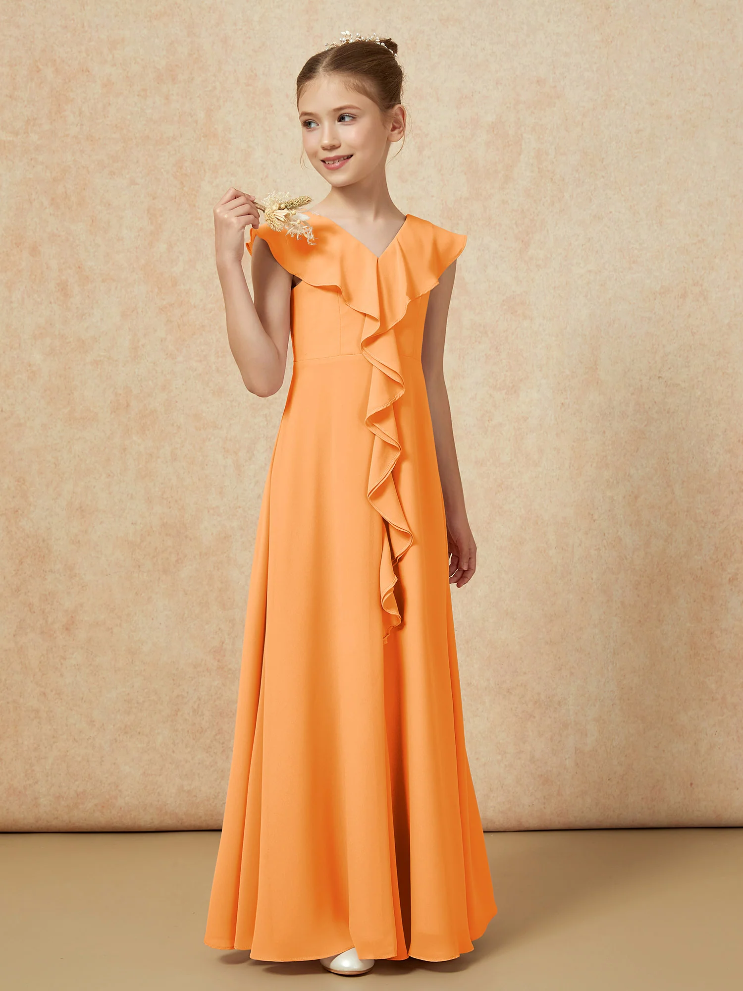 V-neck Ruffle Chiffon Junior Bridesmaid Dresses With Slit Orange - Image 4