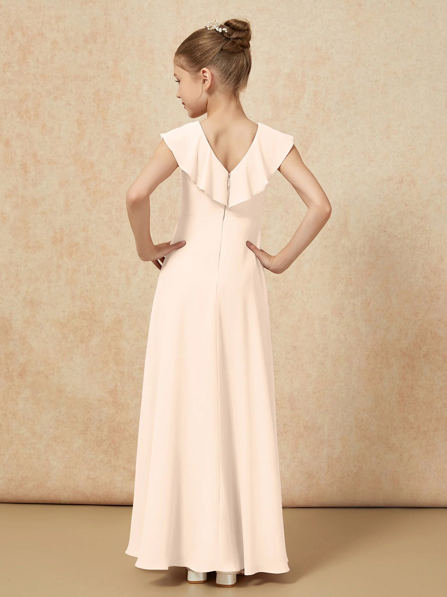 V-neck Ruffle Chiffon Junior Bridesmaid Dresses With Slit Peach - Image 2