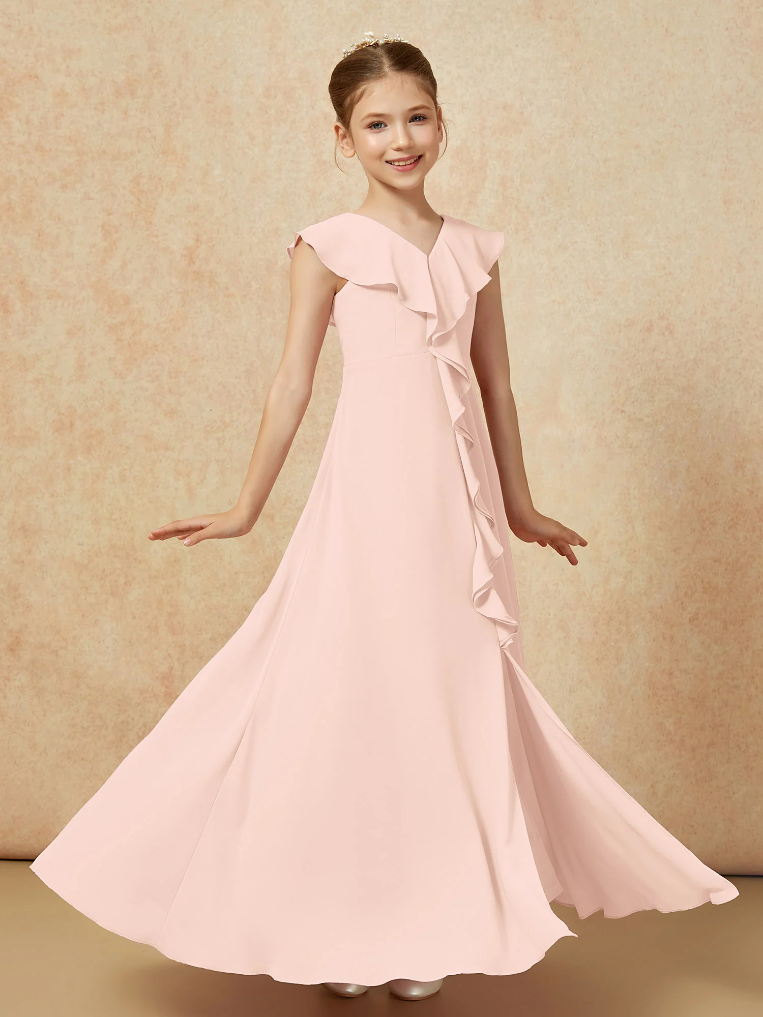 V-neck Ruffle Chiffon Junior Bridesmaid Dresses With Slit Pearl Pink - Image 3