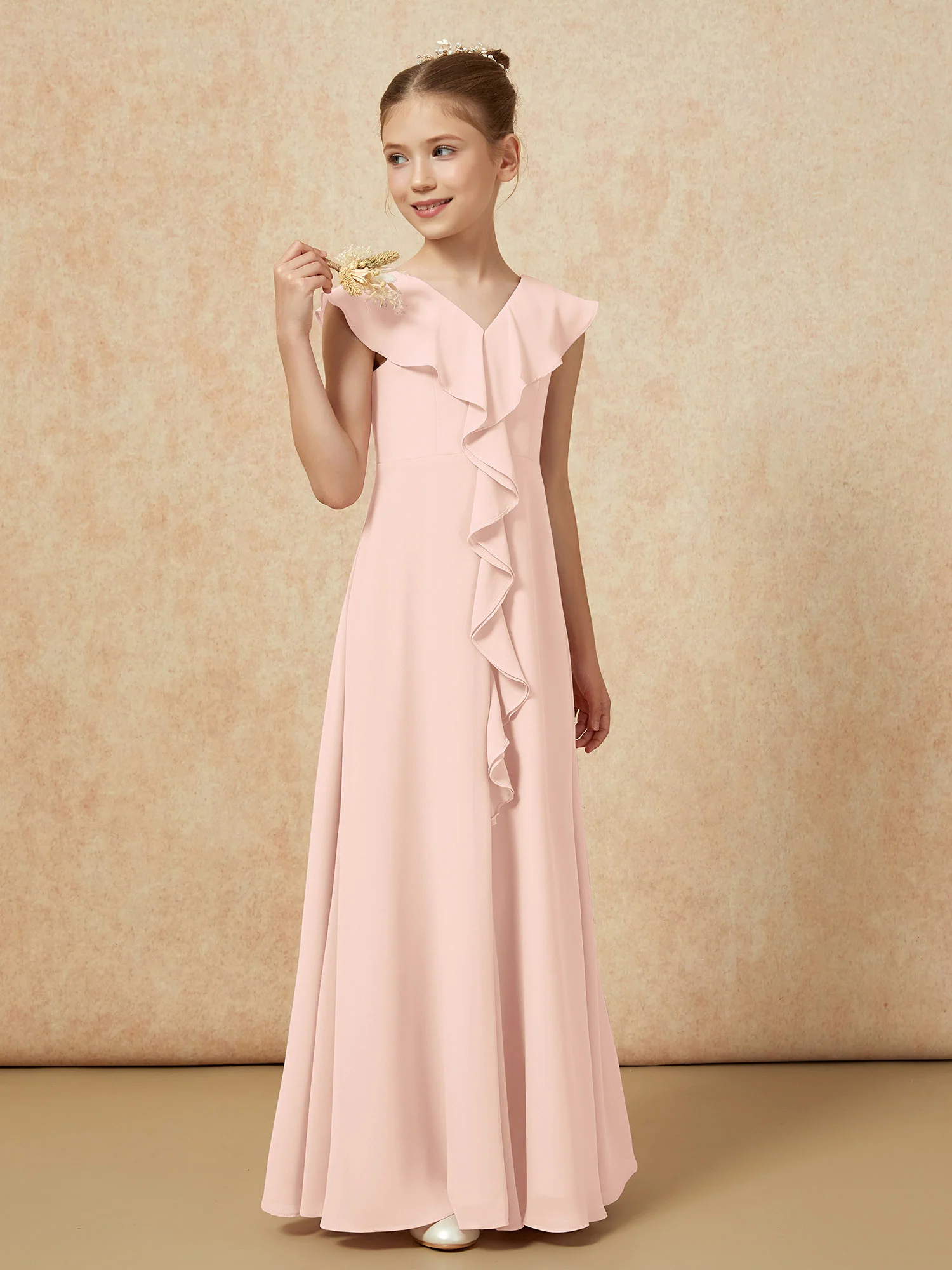 V-neck Ruffle Chiffon Junior Bridesmaid Dresses With Slit Pearl Pink - Image 4