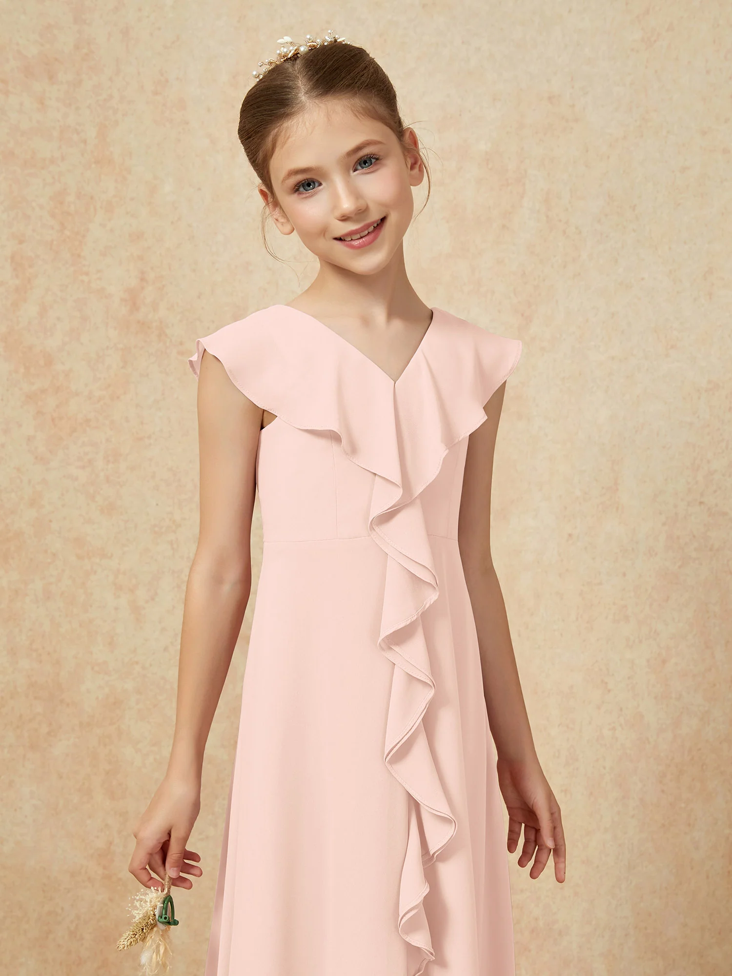 V-neck Ruffle Chiffon Junior Bridesmaid Dresses With Slit Pearl Pink - Image 6