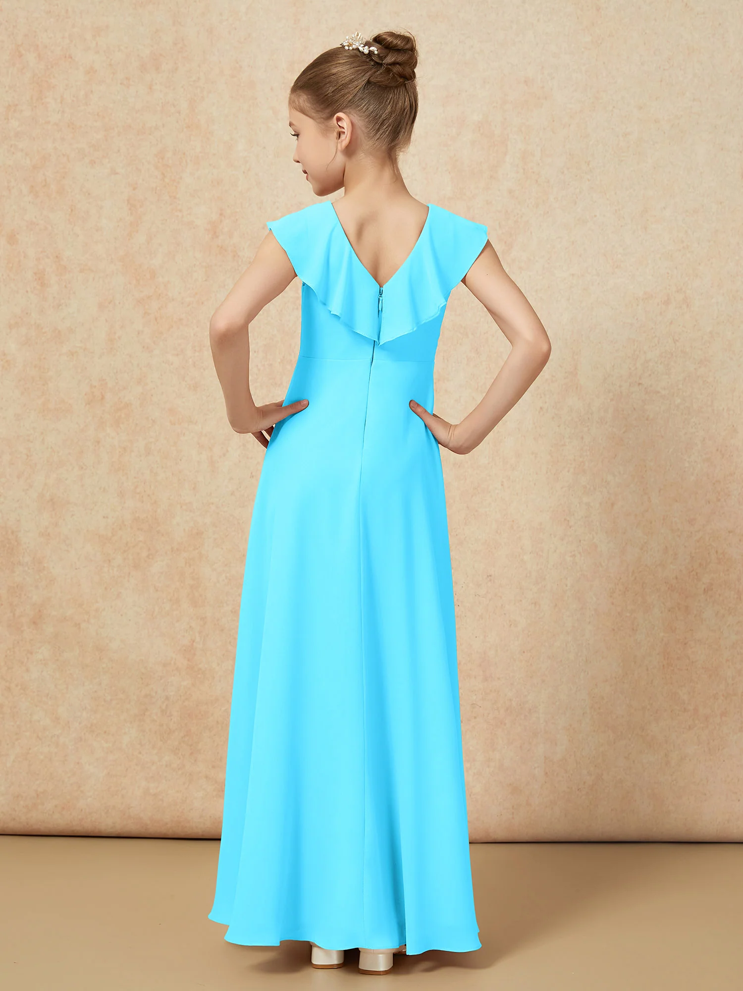 V-neck Ruffle Chiffon Junior Bridesmaid Dresses With Slit Pool - Image 2